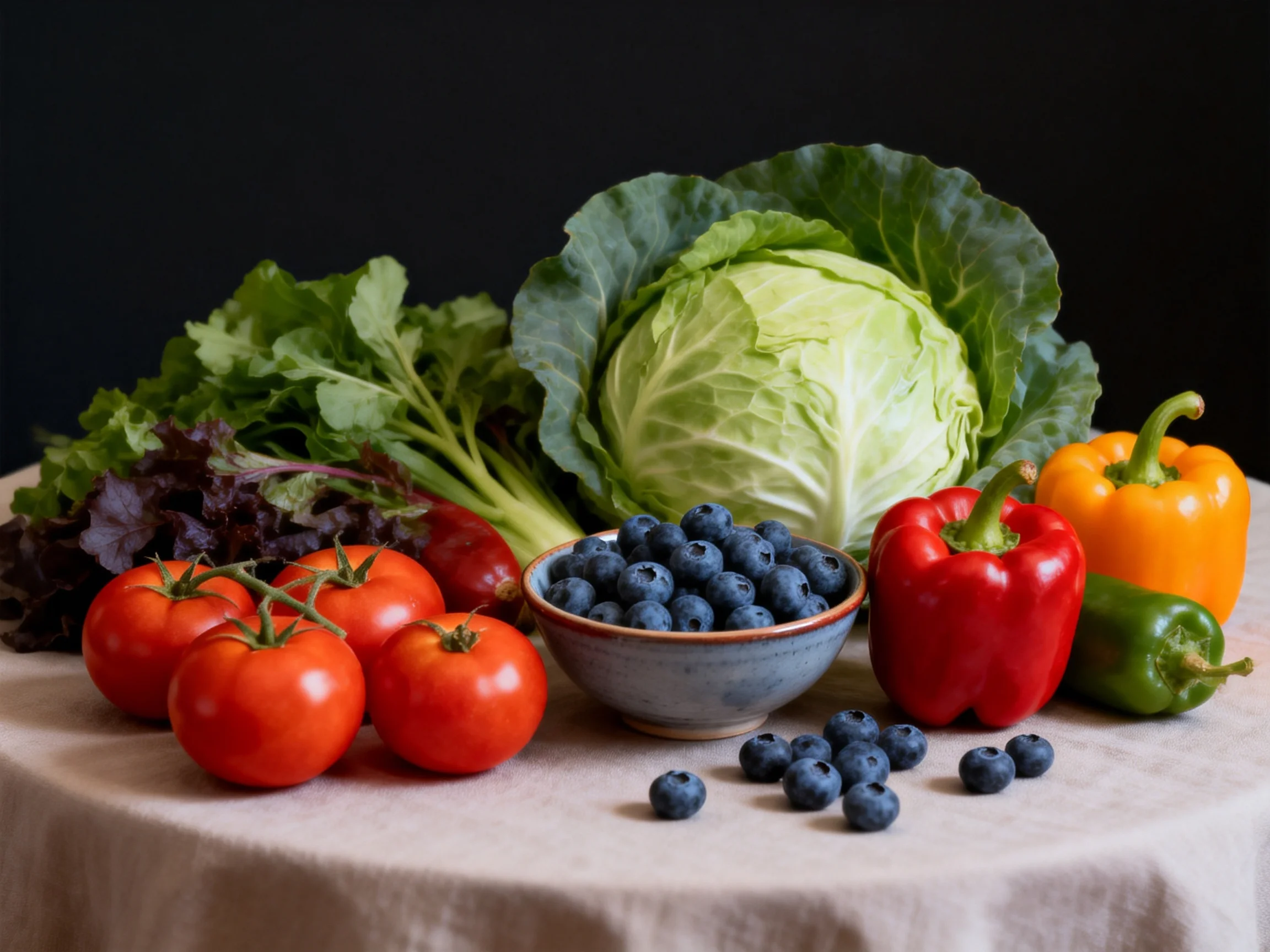 Assorted fresh vegetables and fruits with vibrant colors on a cloth-covered table