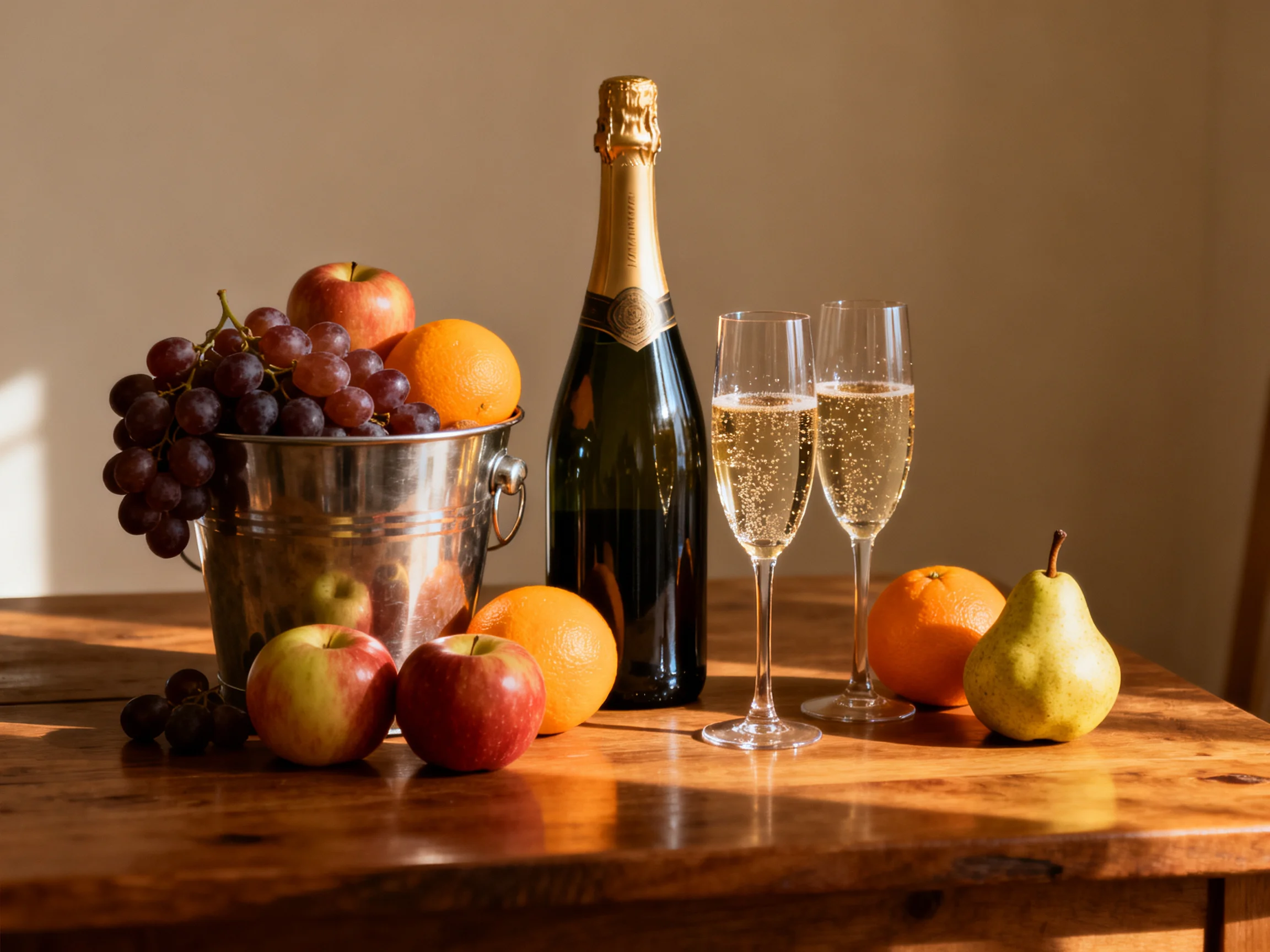 Assorted fruits and champagne on a wooden table