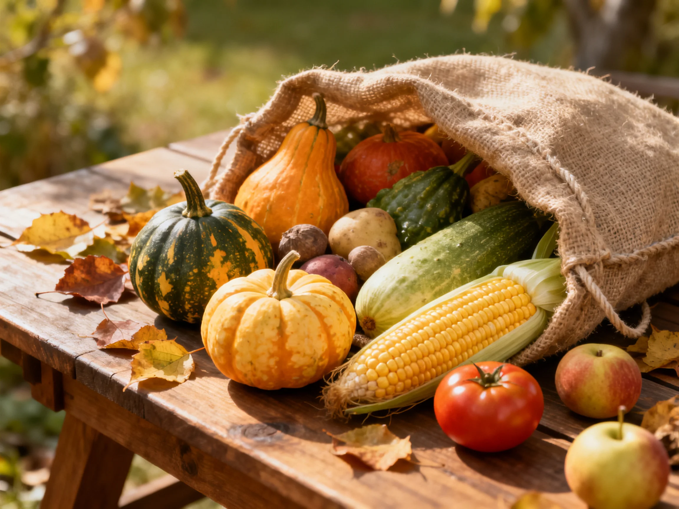 Autumn harvest spread: colorful veggies spill from burlap sack onto wooden table
