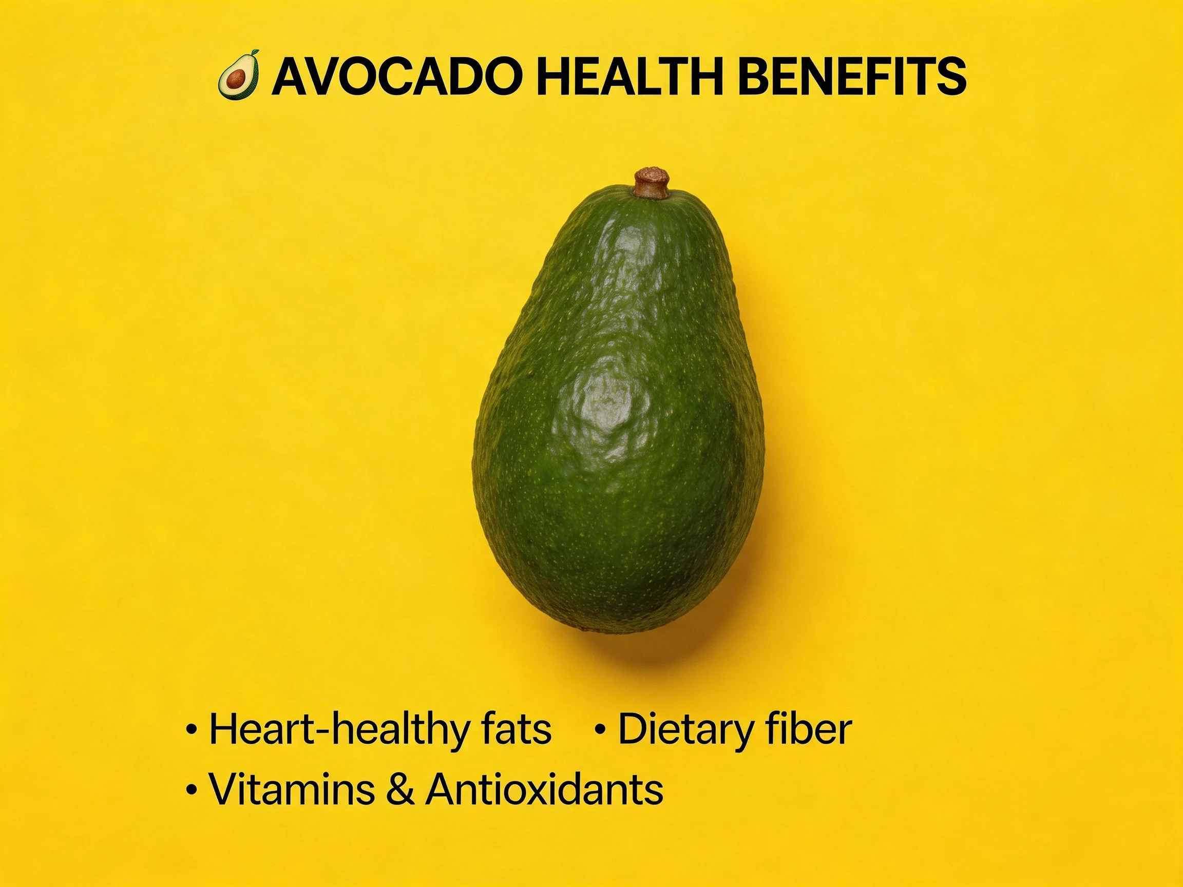 Avocado Health Benefits Displayed with Central Green Avocado on Bright Yellow Background