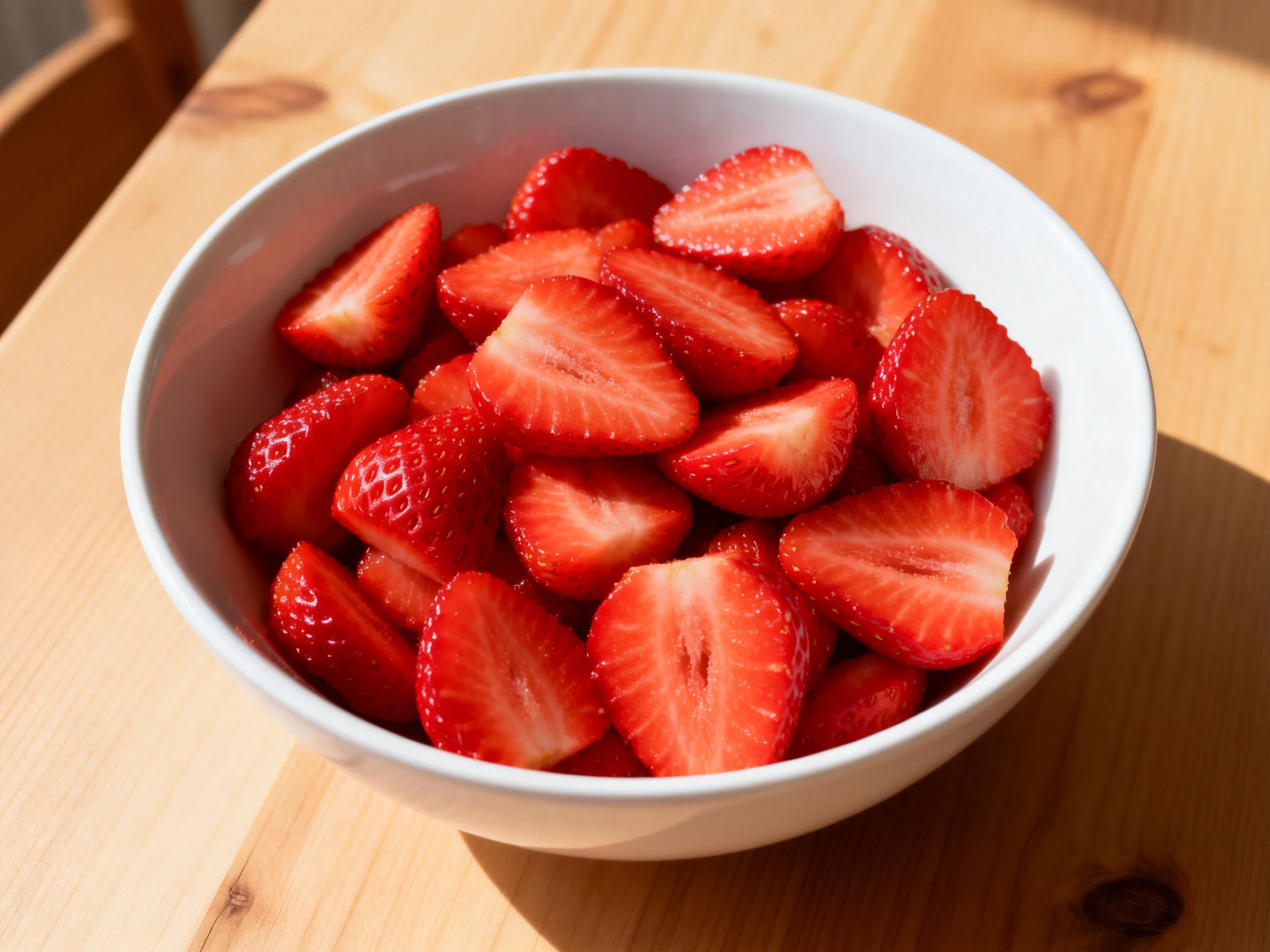 Awhite bowl filled with vibrant red sliced strawberries on a wooden surface