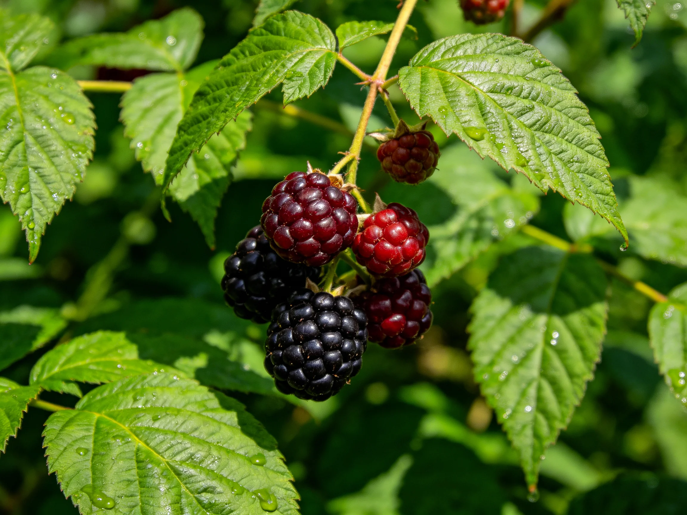 Berries in varied hues cluster near lush green leaves