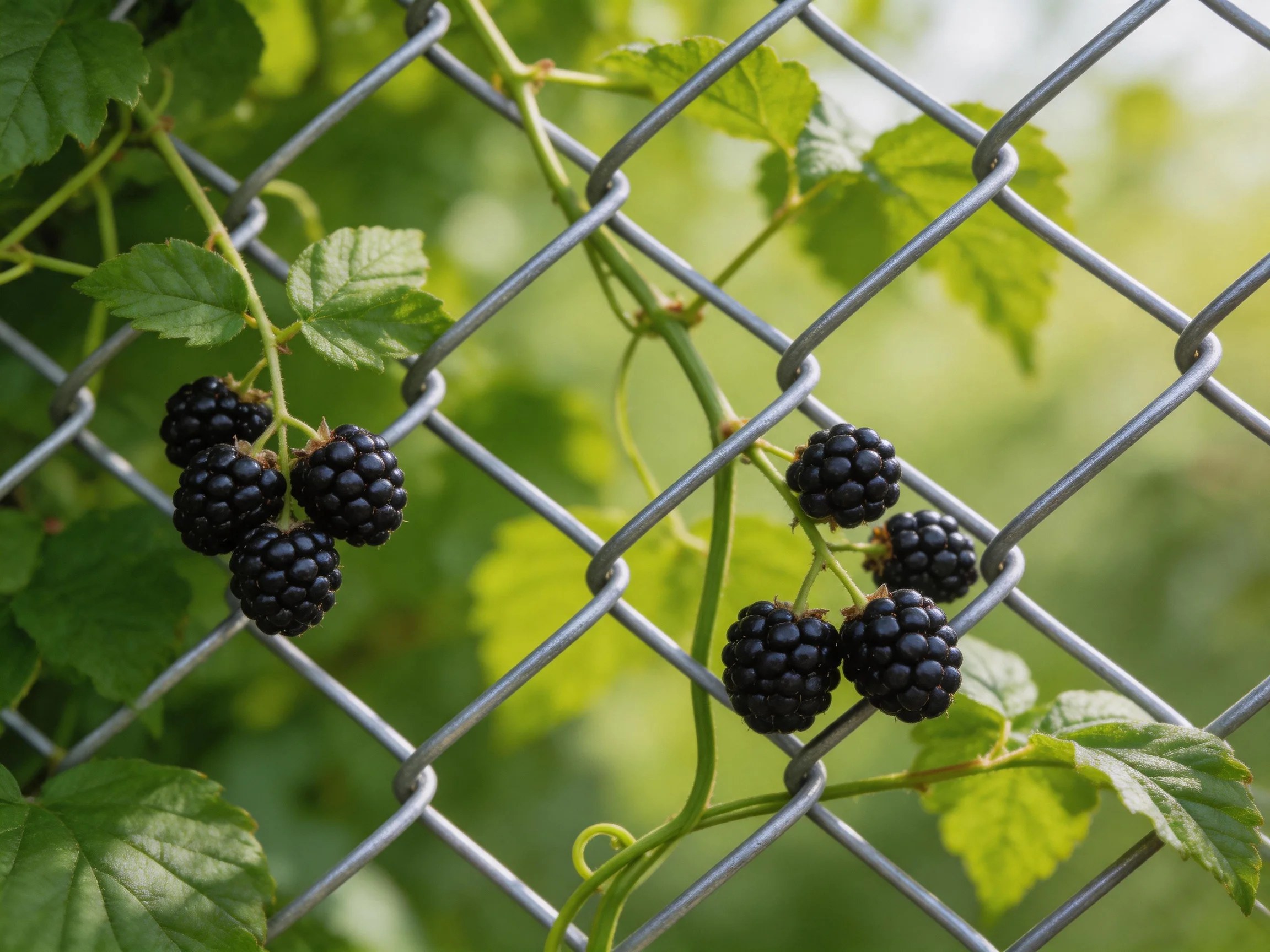 Blackberries Clinging to a Silver Chain-Link Fence with Lush Green Foliage