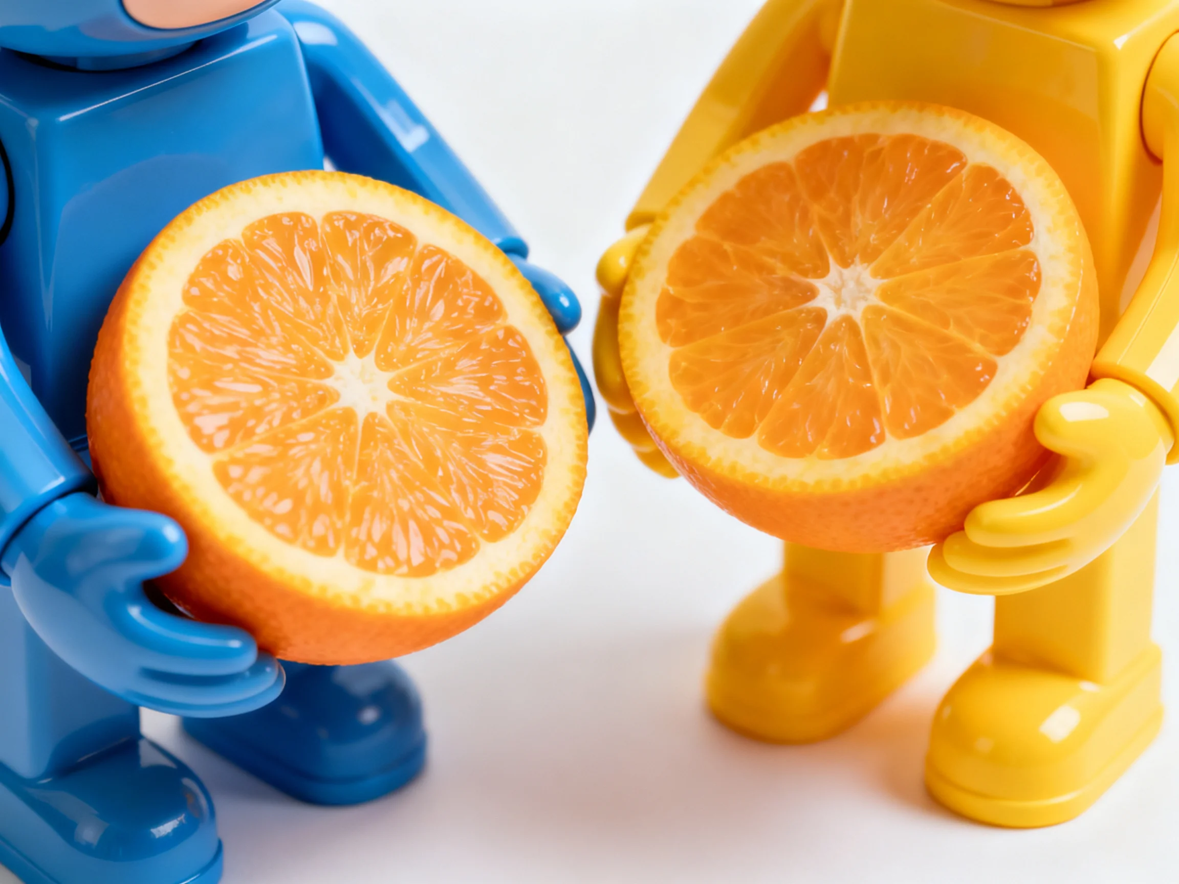 Blue and yellow plastic toys hold large orange slices side by side