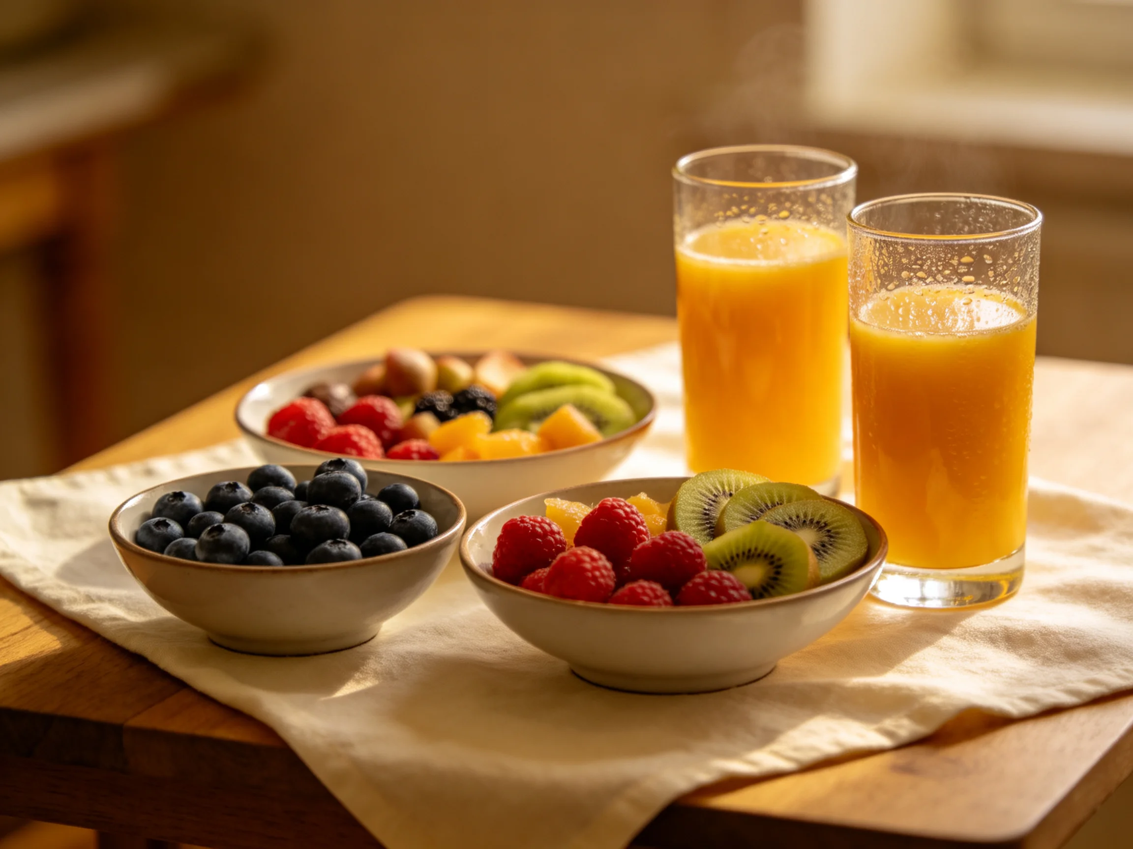 Bowls of assorted fresh fruits and orange juice on a wooden table