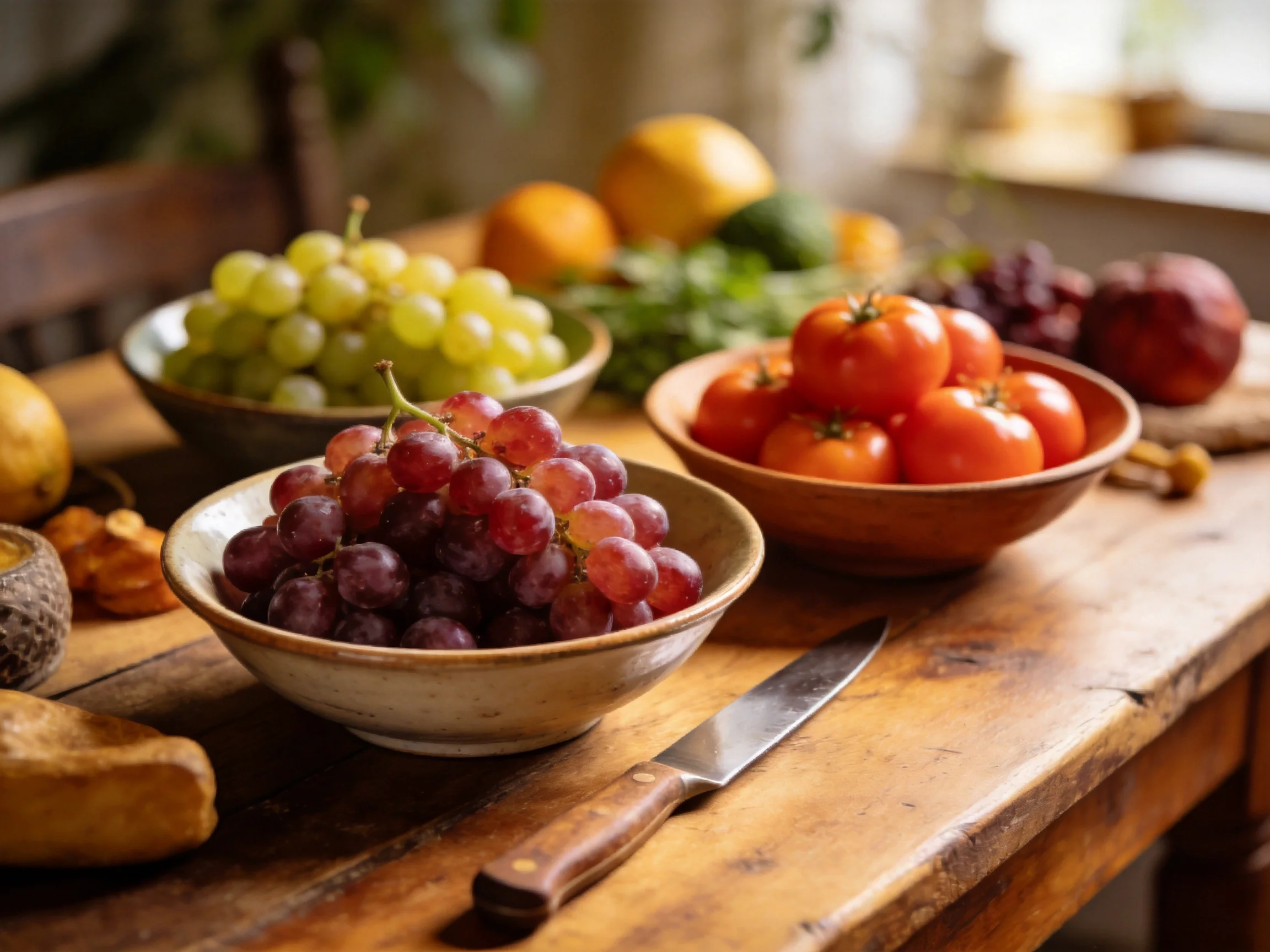 Bowls of green, purple grapes, red tomatoes, and other fruits sit on a rustic wooden table