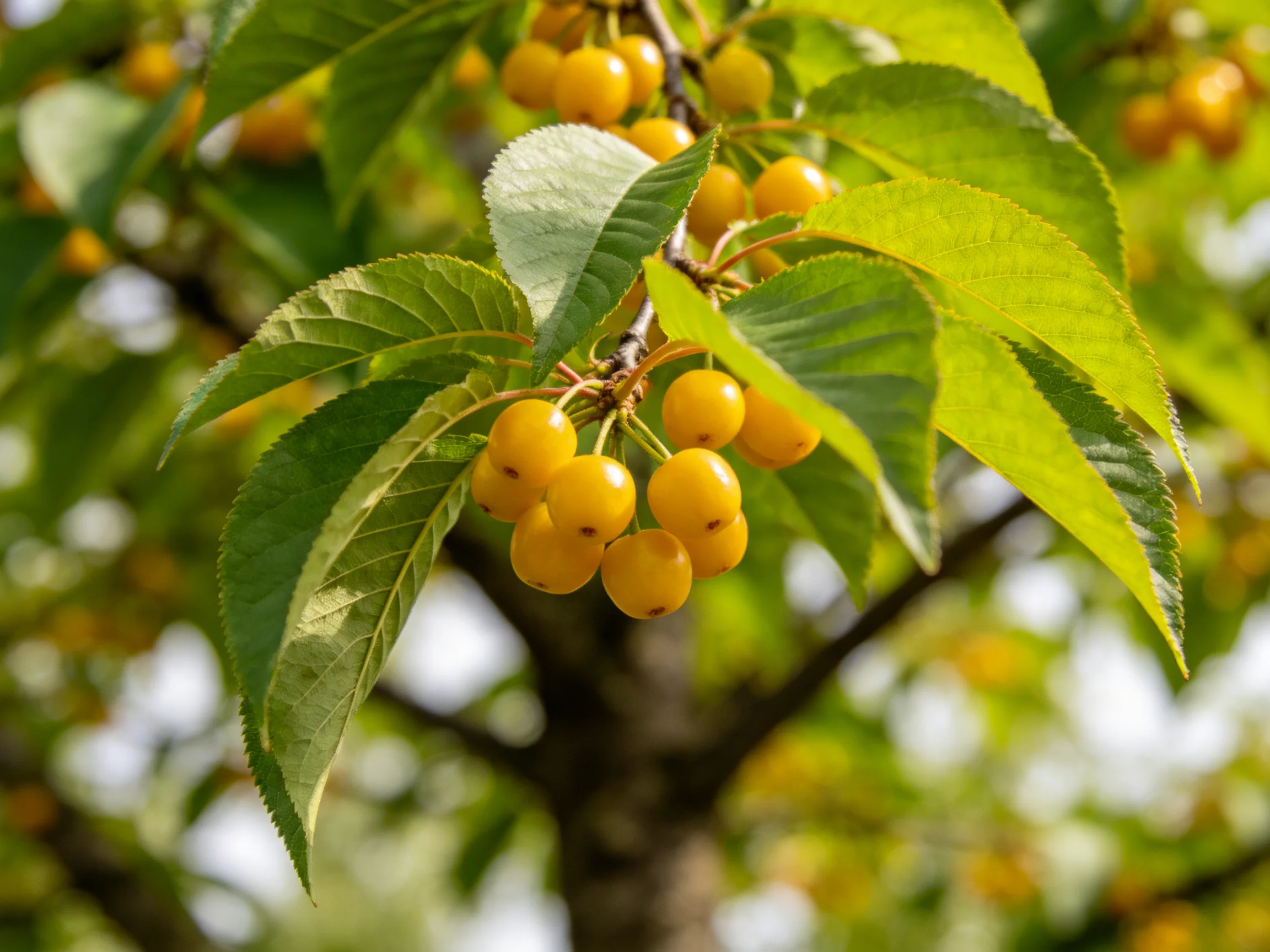 Bright Yellow Cherries Clustered Among Lush Green Leaves on a Tree