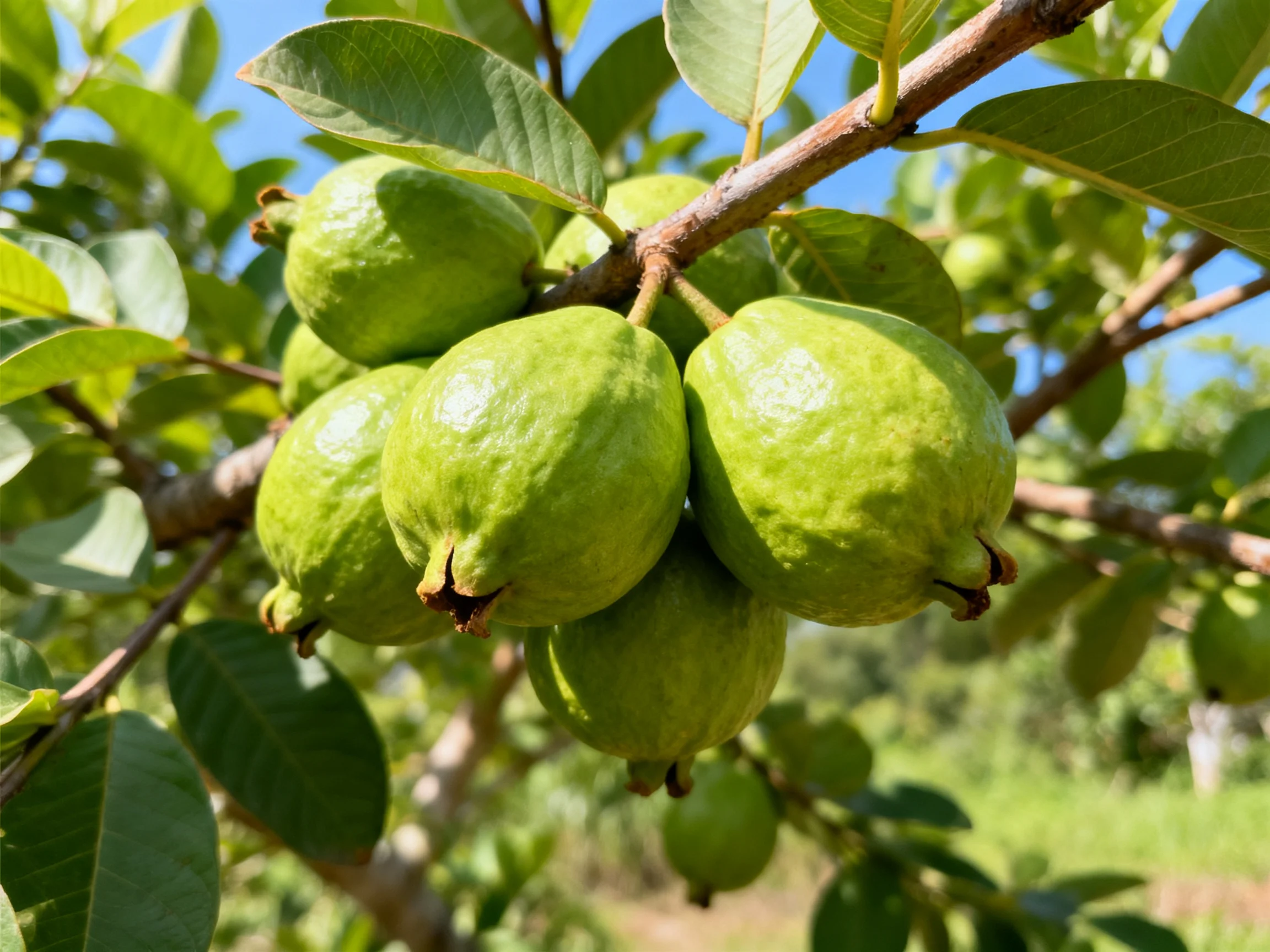 Clustered bright green guavas hang from a tree branch.
