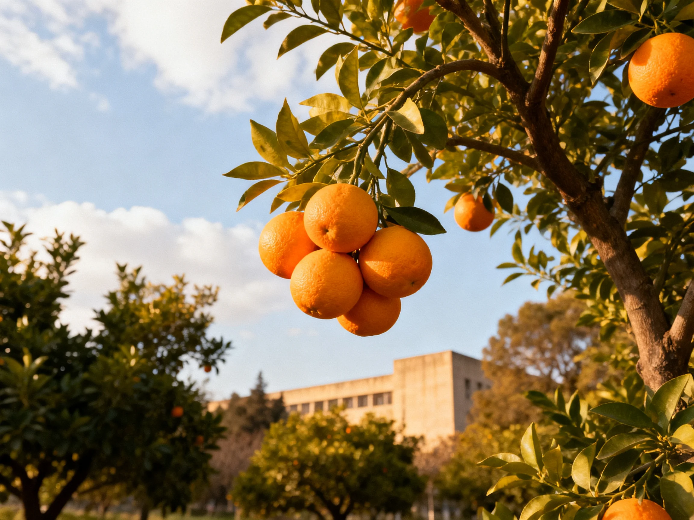 Bright orange citrus clusters hang from leafy trees near a stone building