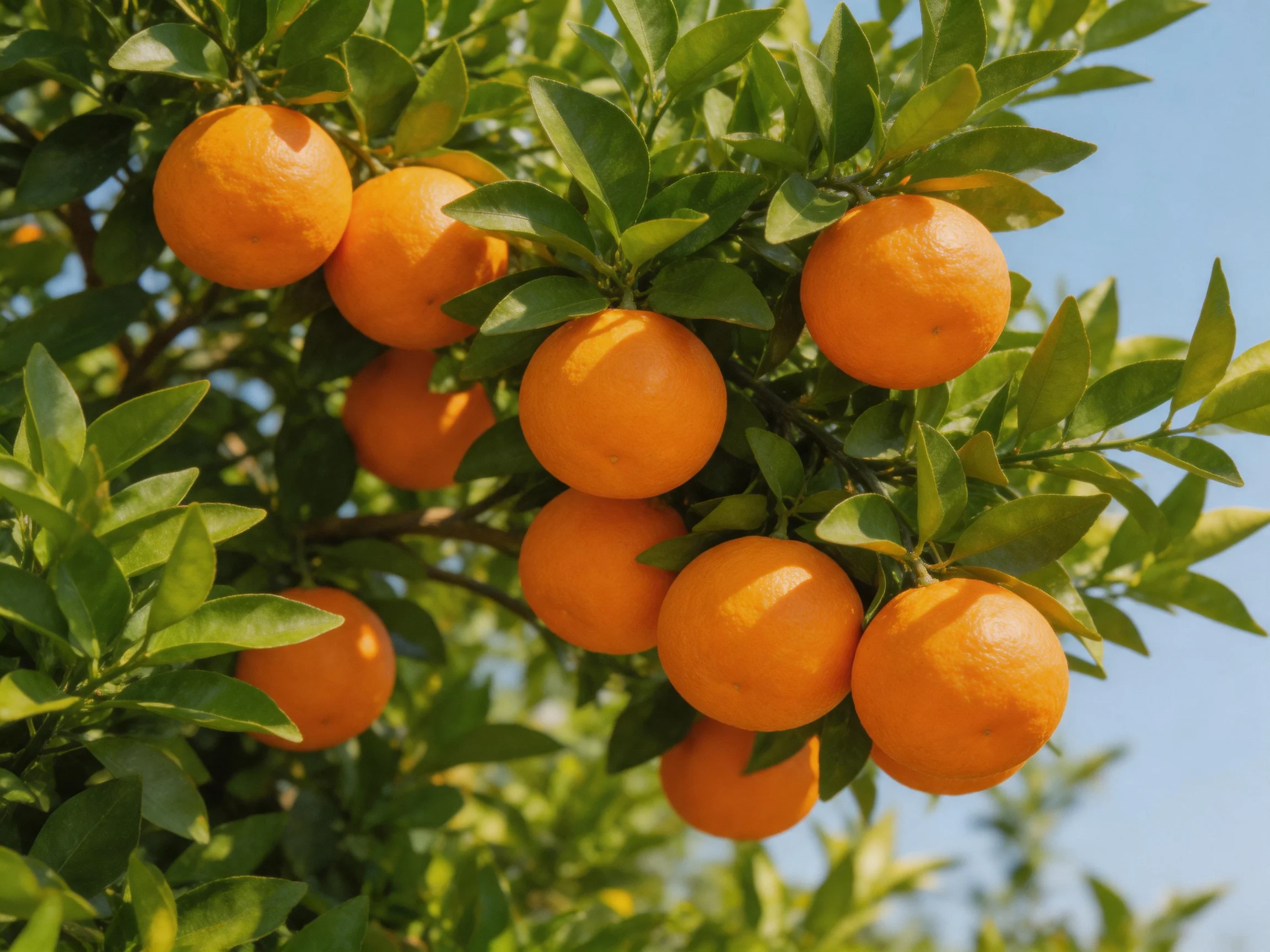 Bright orange citrus fruits abundant on lush green tree branches