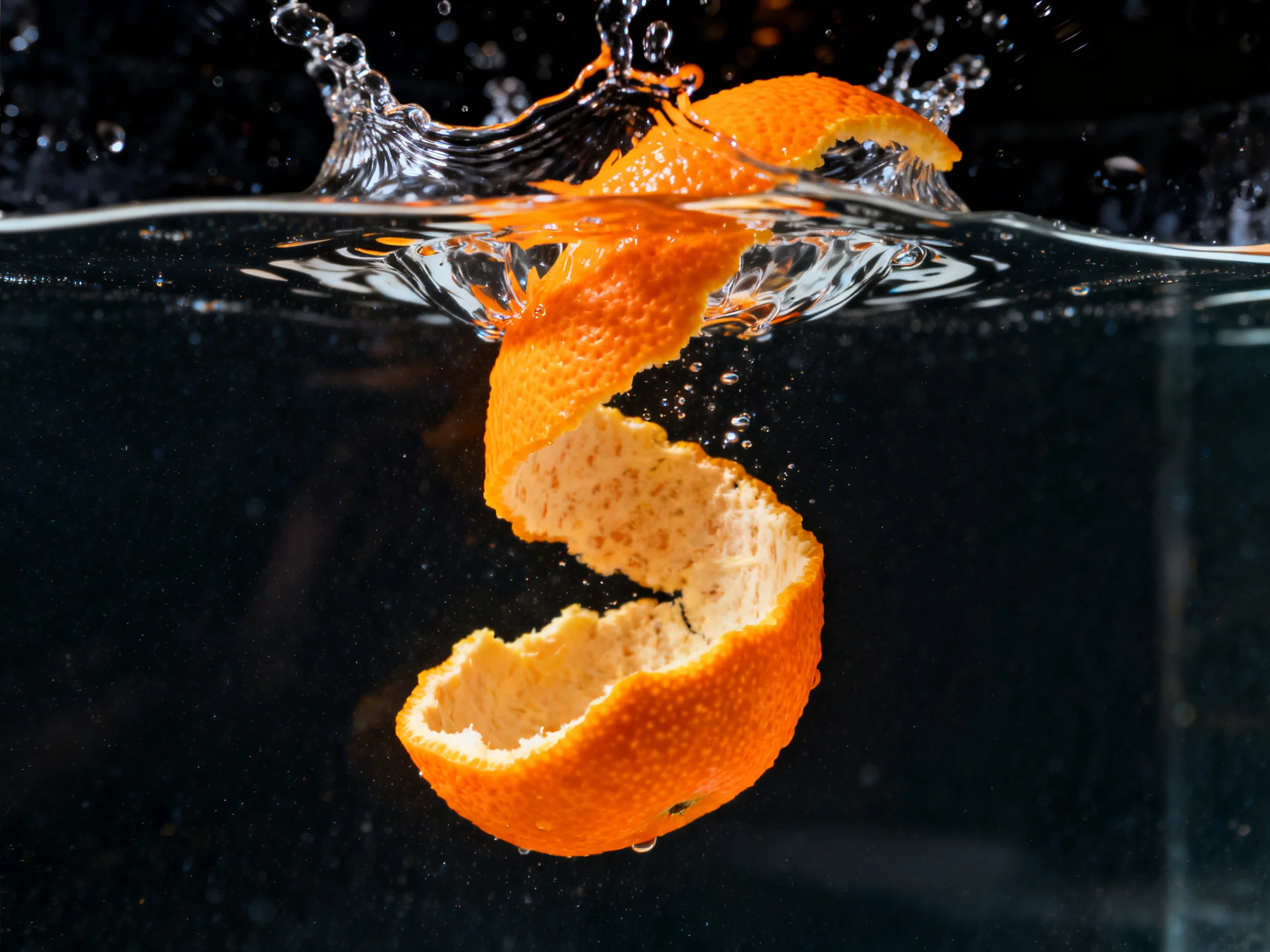 Bright orange peel spiraling into water creates dynamic splash effect