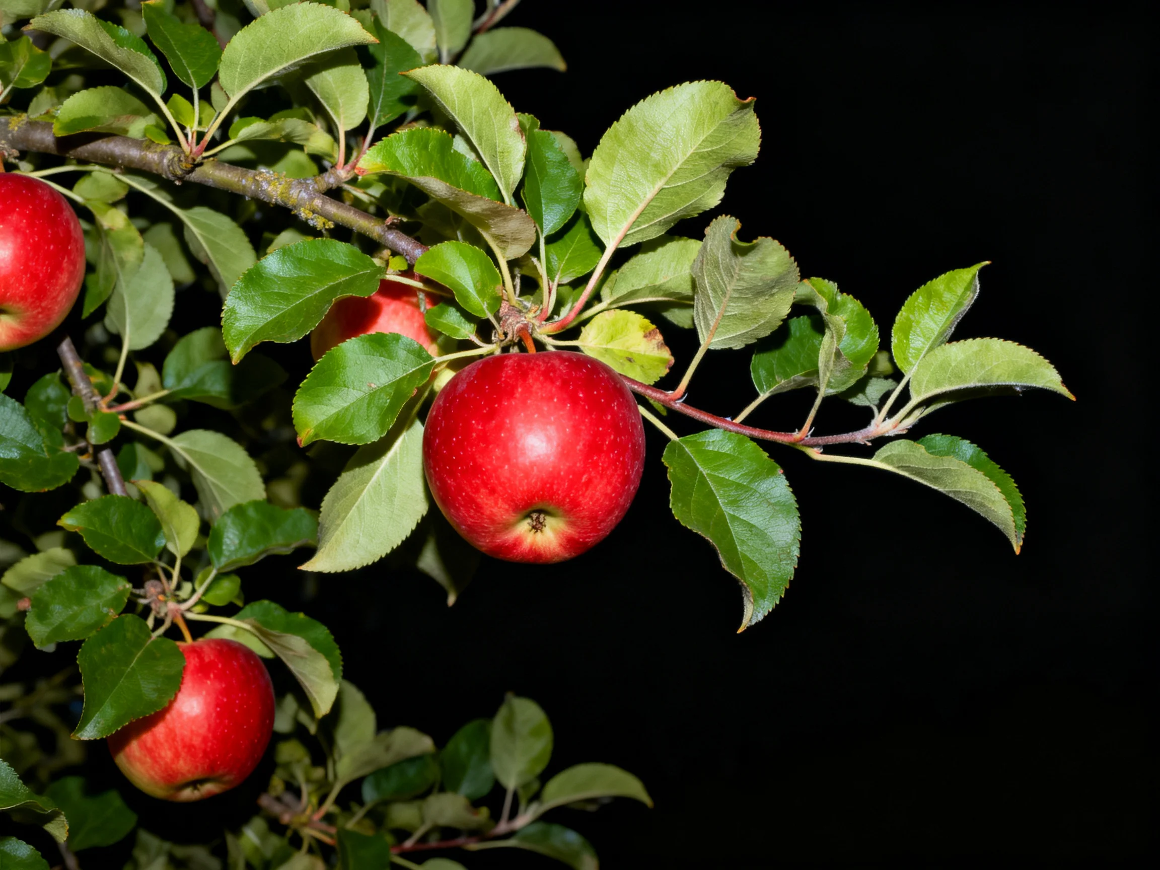 Bright red apples and lush green leaves adorn a tree branch against a dark sky