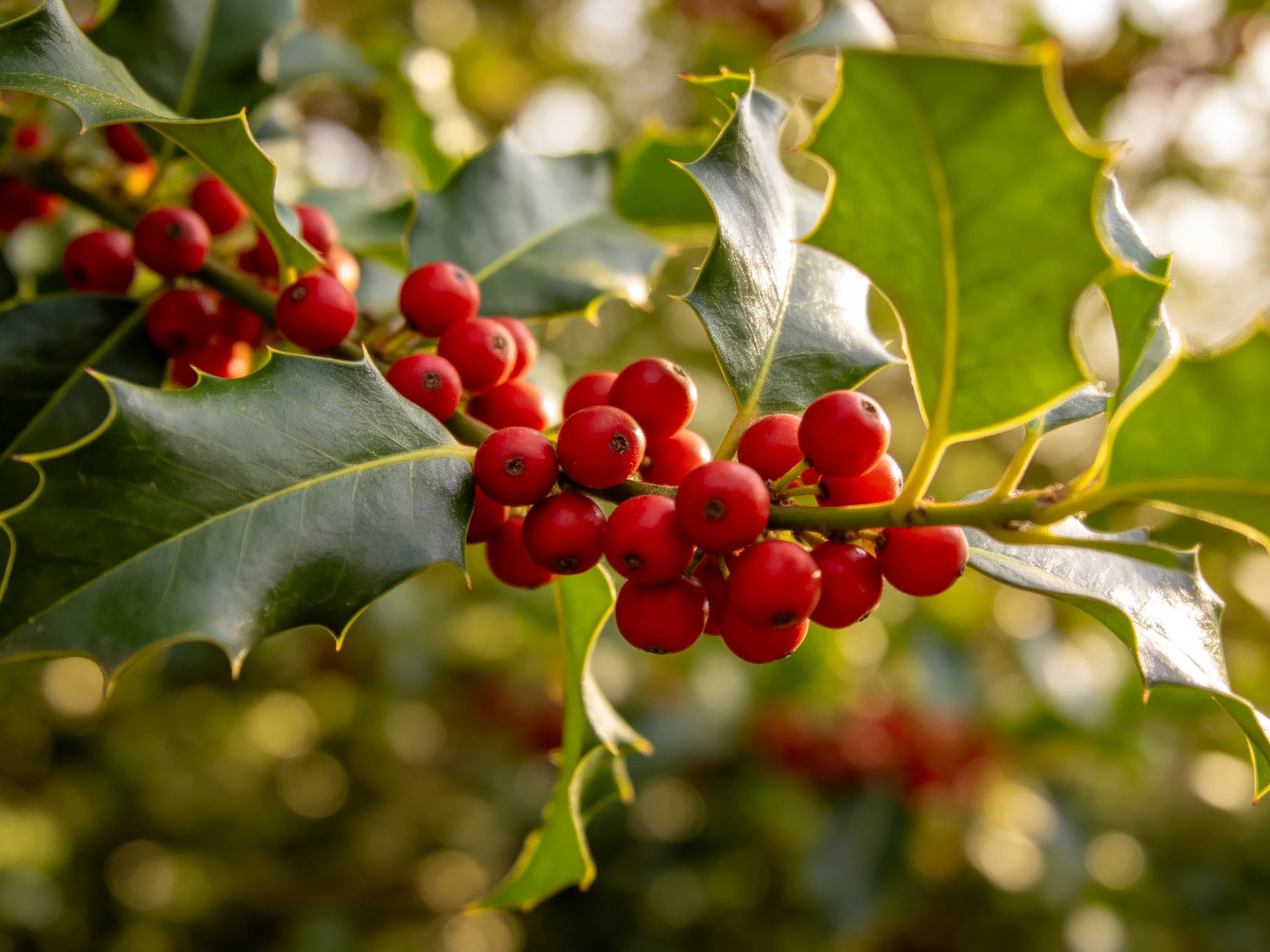 Bright red berries cluster among glossy green holly leaves