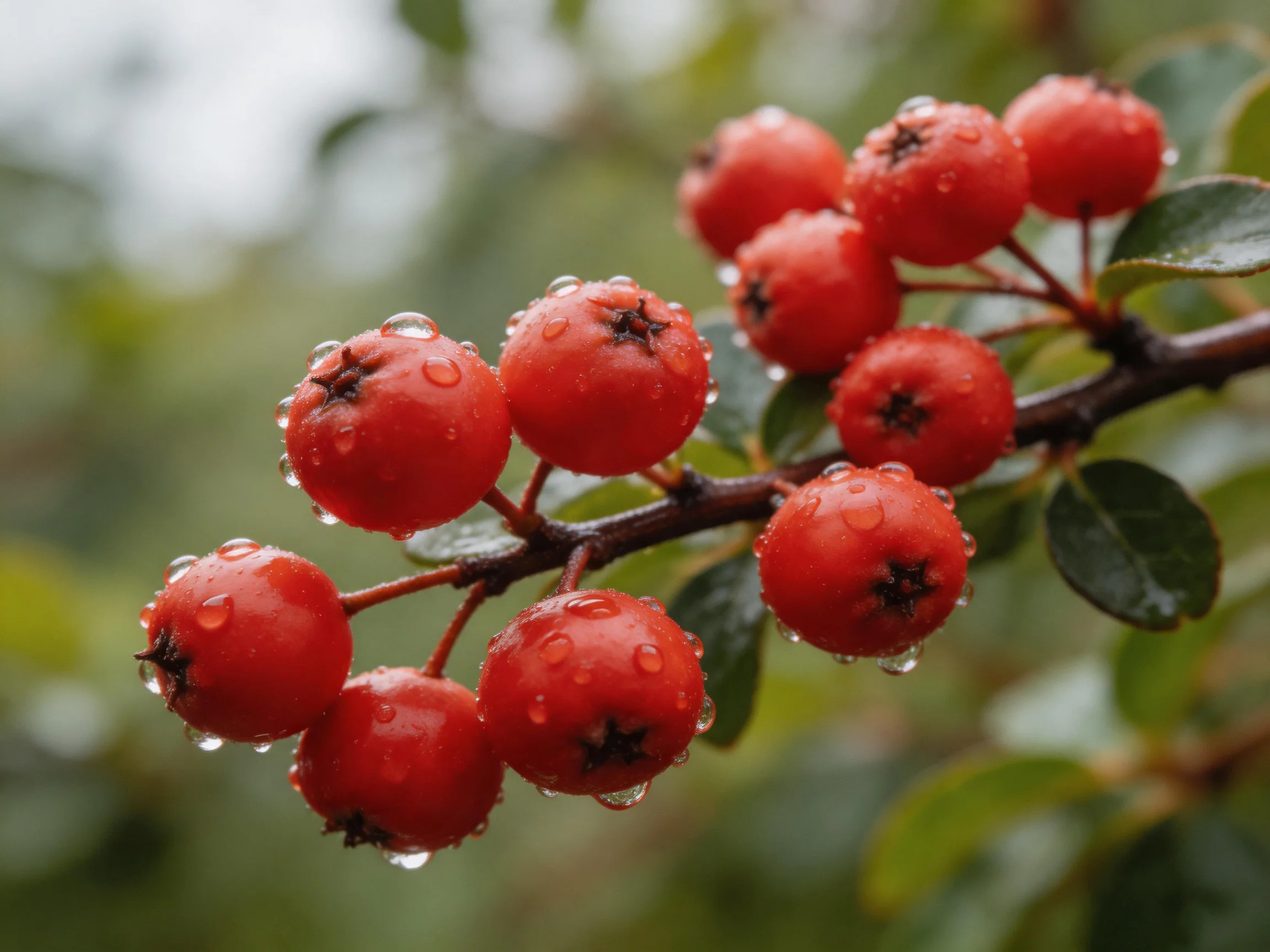 Bright red berries with water droplets clustered on a branch