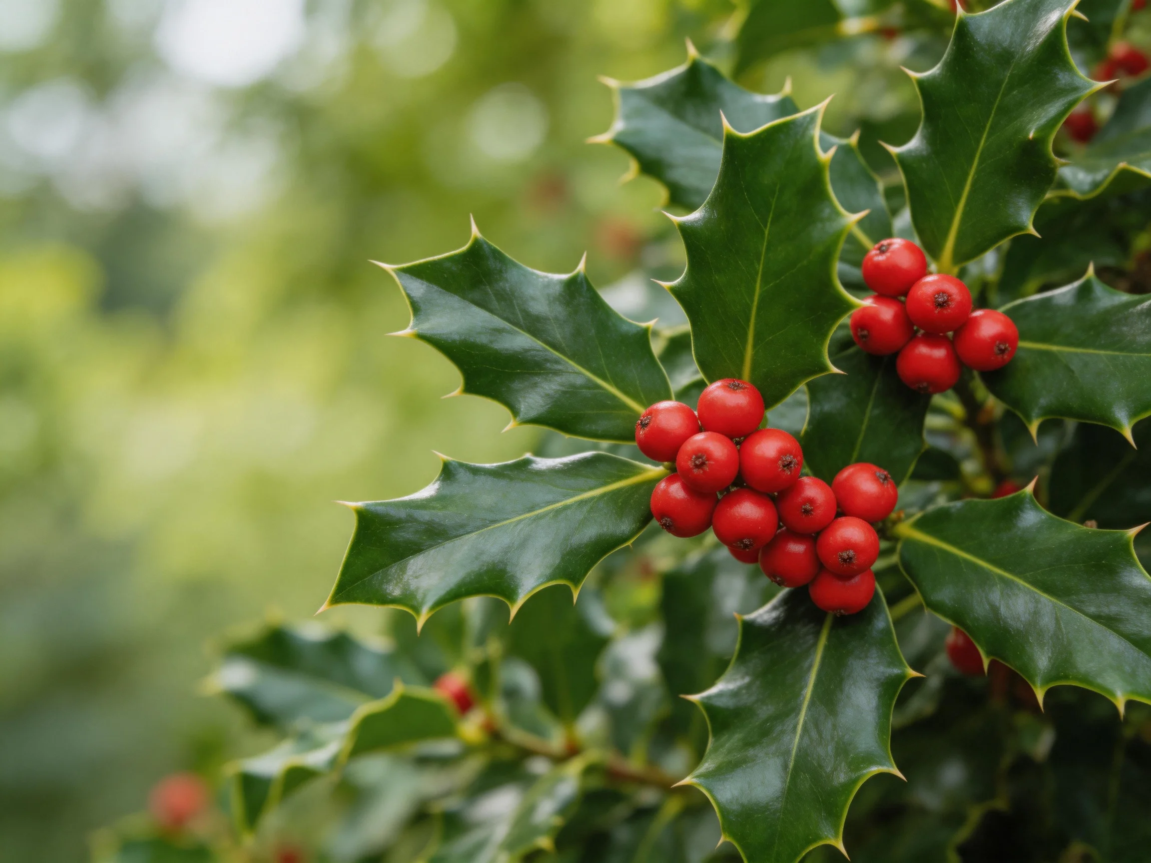Bright red berry clusters grow on glossy holly plants with spiky leaves
