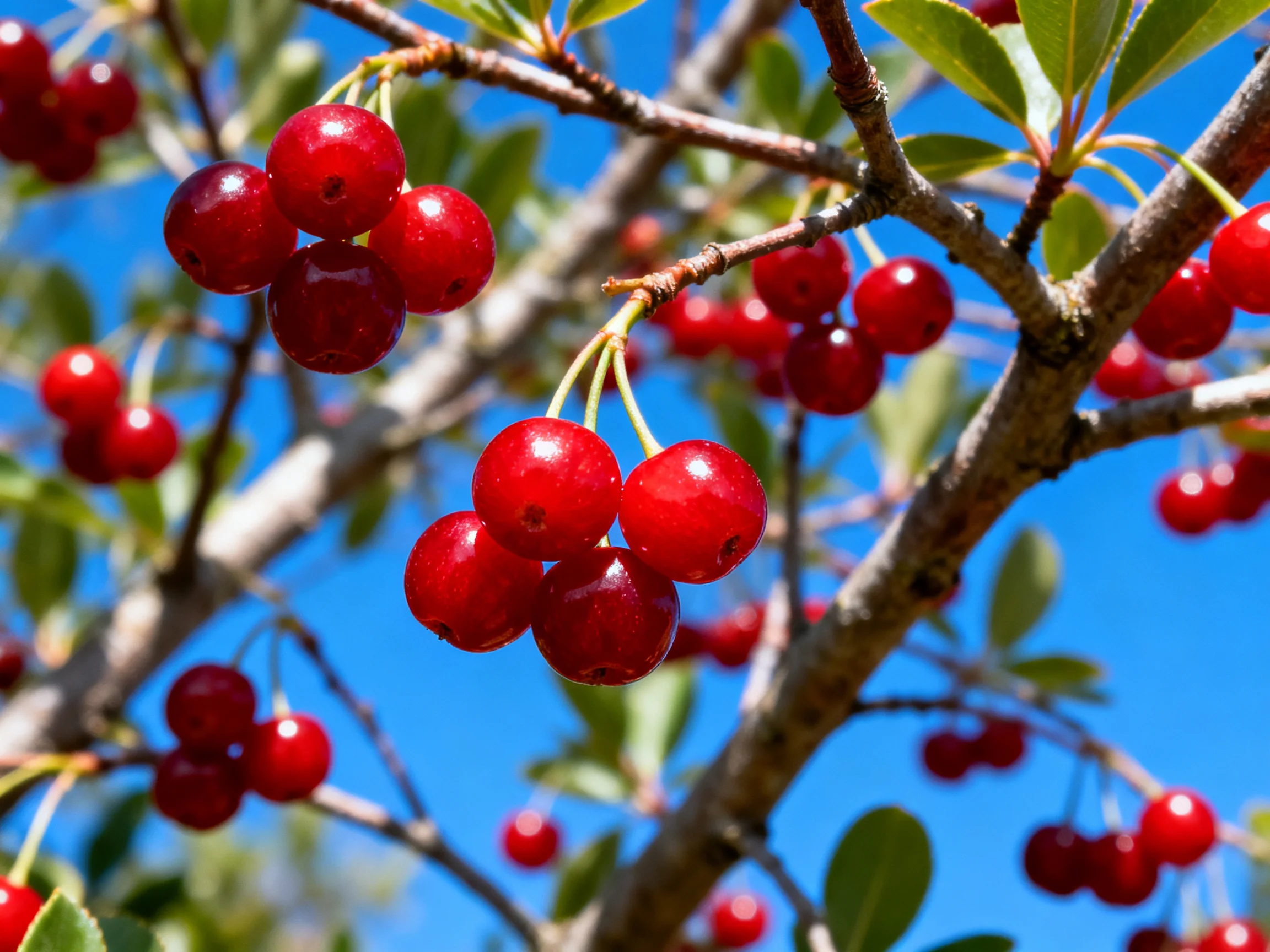 Bright red cherries cluster densely on tree branches under a vivid blue sky