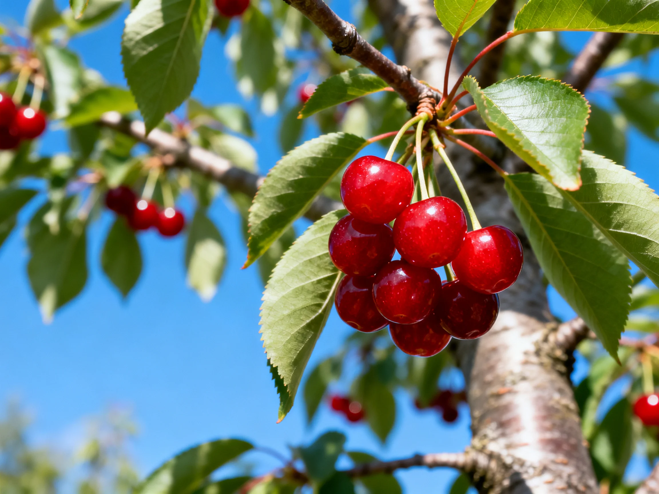 Bright red cherries clusteredon a leafy tree branch