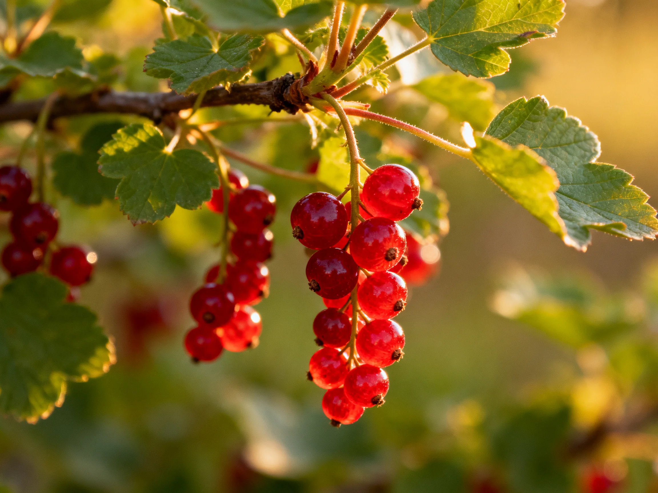 Bright red currant clusters hang from leafy branches in warm sunlight
