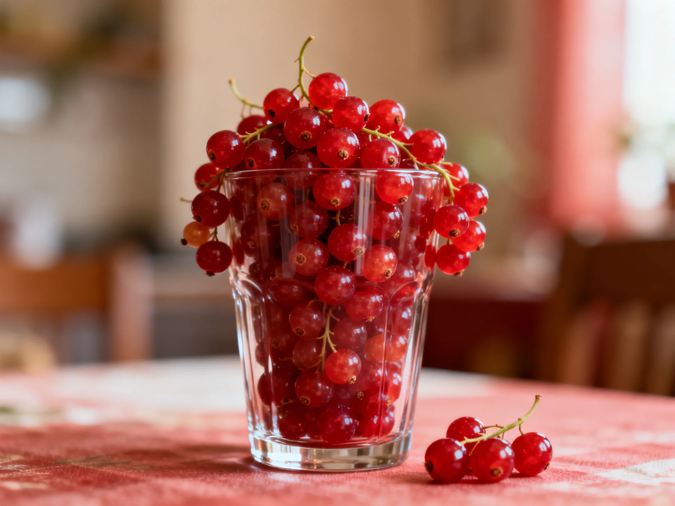 Bright red currants overflow from a glass onto a pink tablecloth