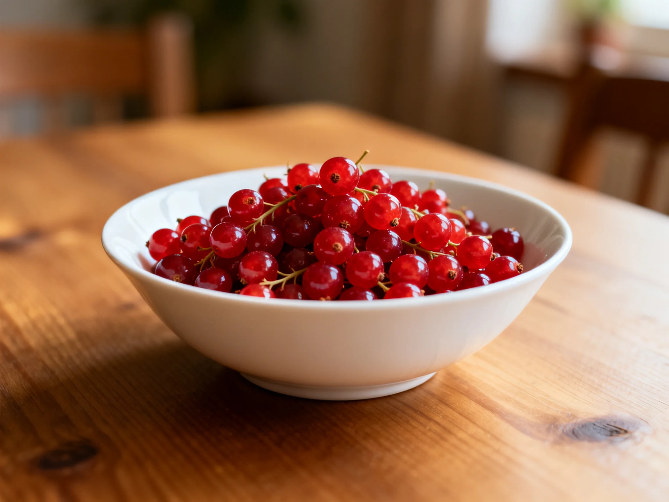 Bright red currants overflow from a white bowl on a wooden table