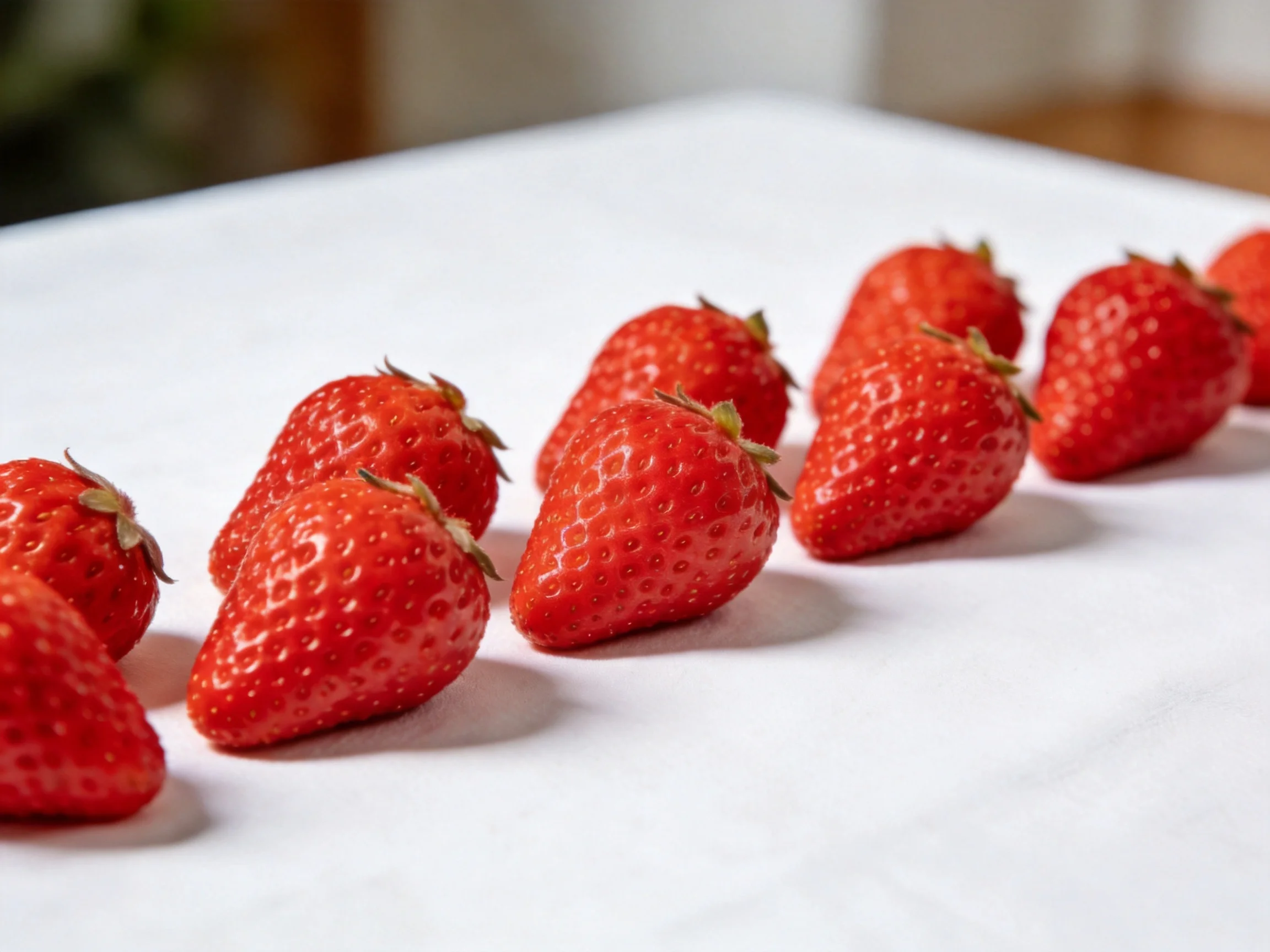 Bright red strawberries arranged diagonally on a white surface