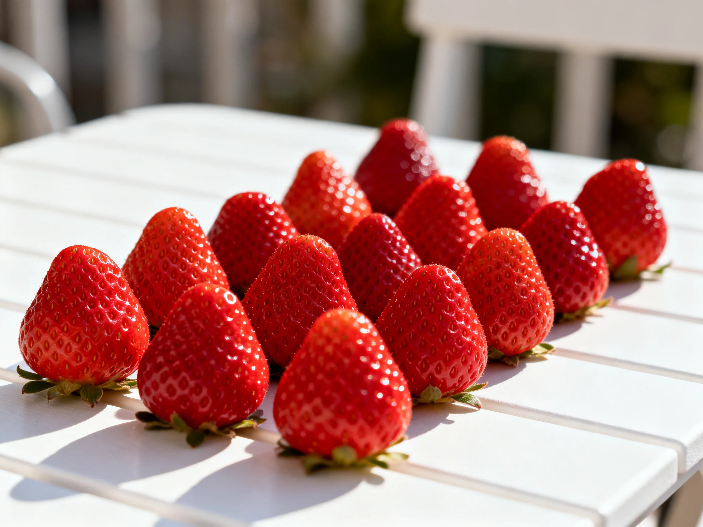 Bright red strawberries arranged in rows on a white outdoor table
