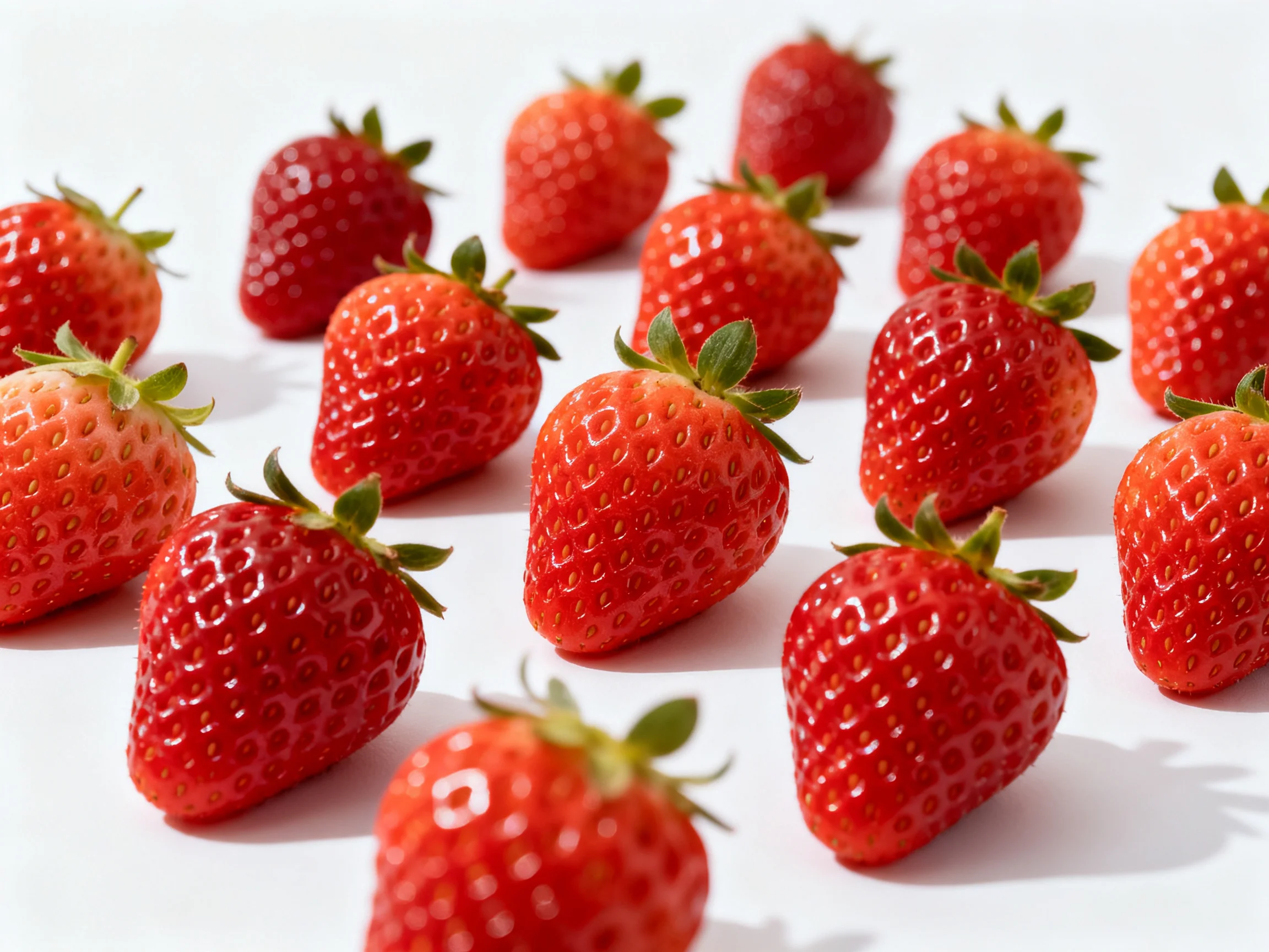 Bright red strawberries arranged on a white surface
