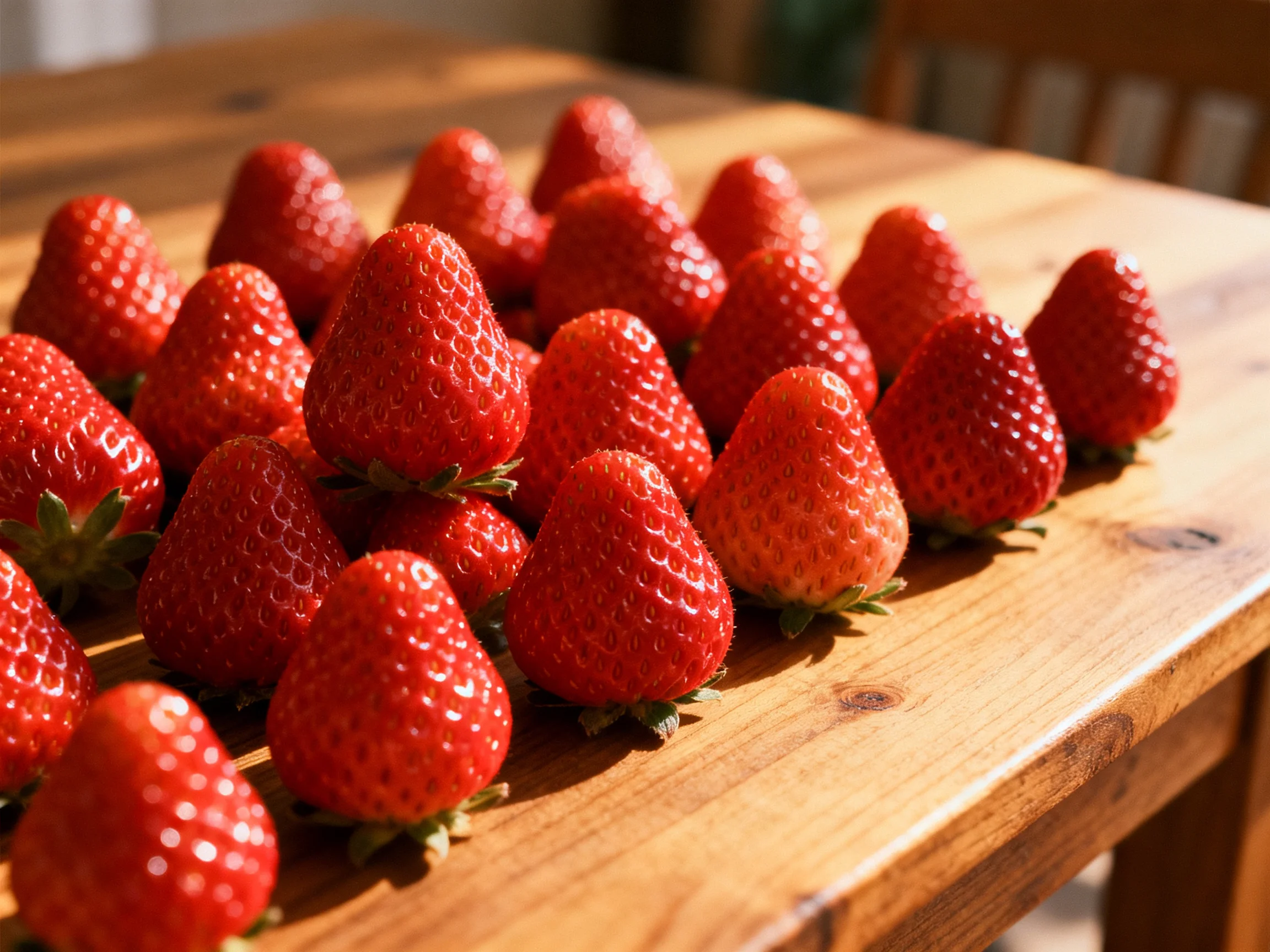 Bright red strawberries neatly arranged on a wooden table