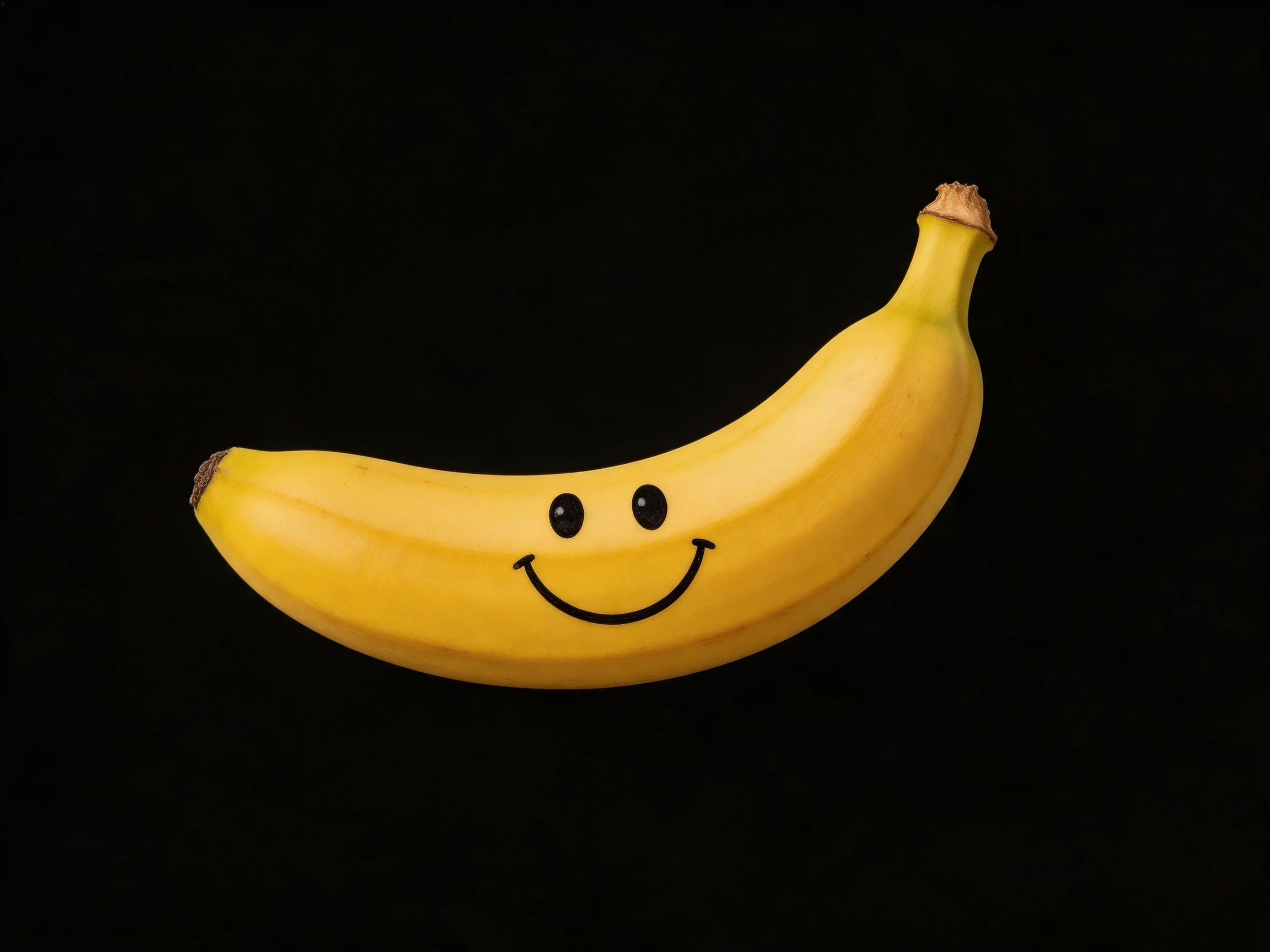 Bright yellow banana with a drawn smiley face on a black backdrop
