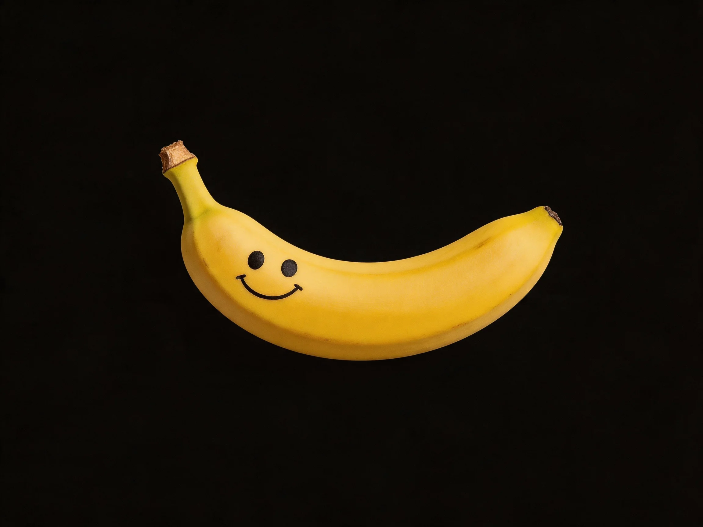 Bright yellow banana with smiley face on solid black background