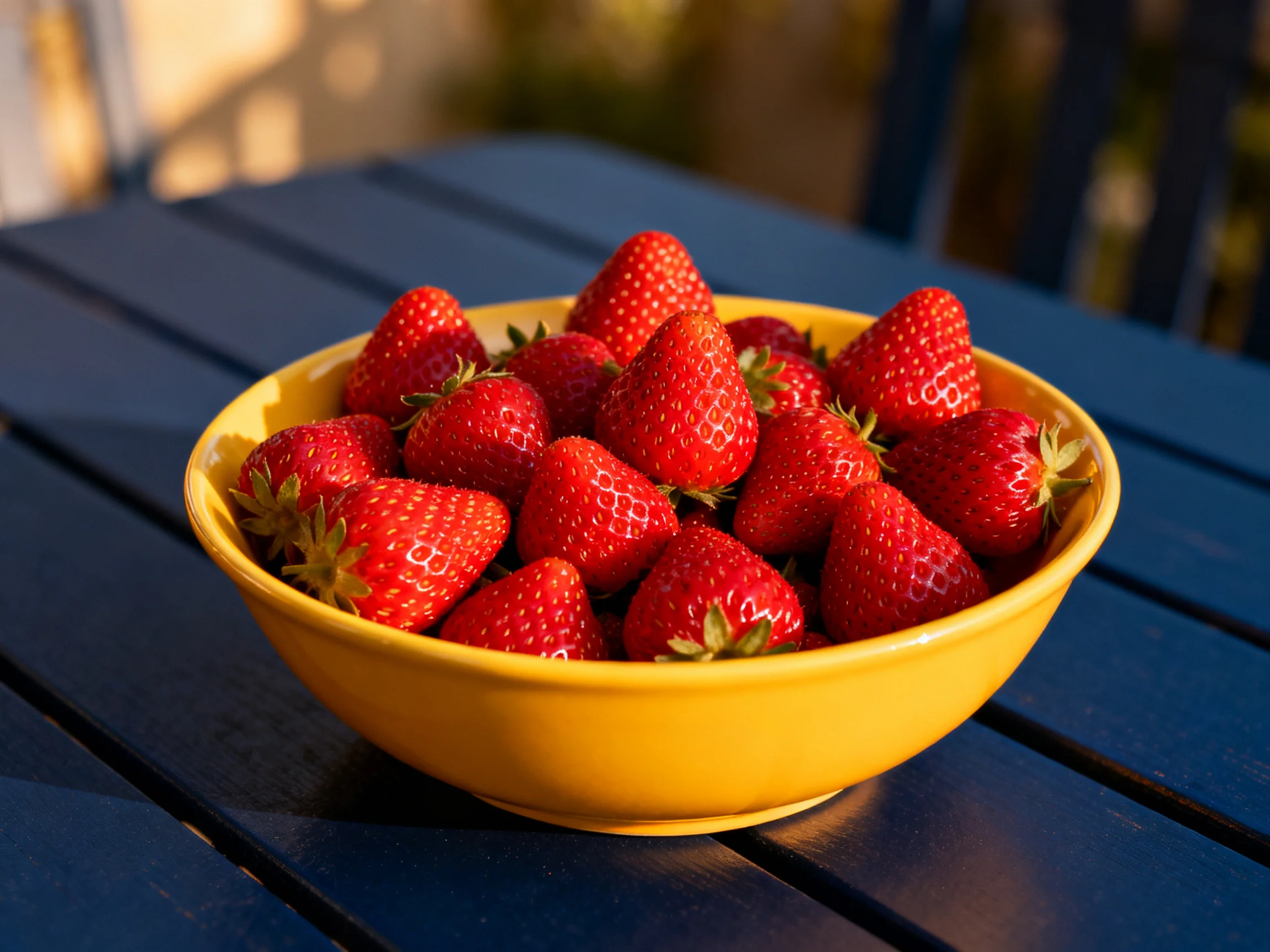 Bright yellow bowl brimming with plump red strawberries on dark blue table