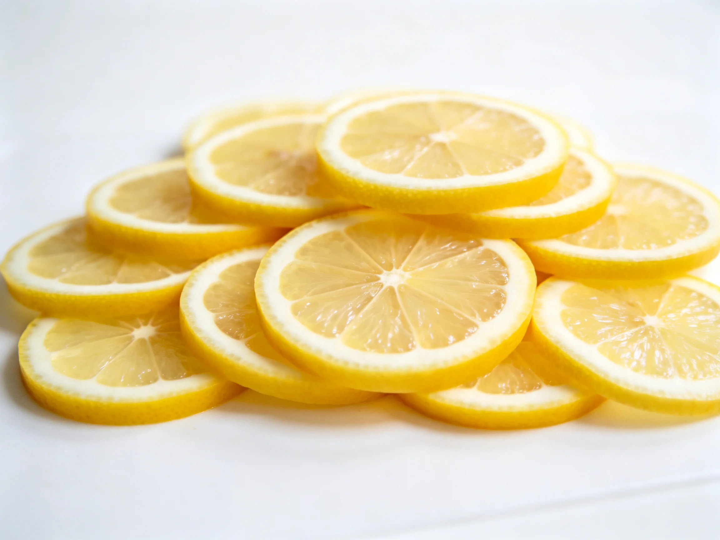 Bright yellow lemon slices stacked in a casual pile
