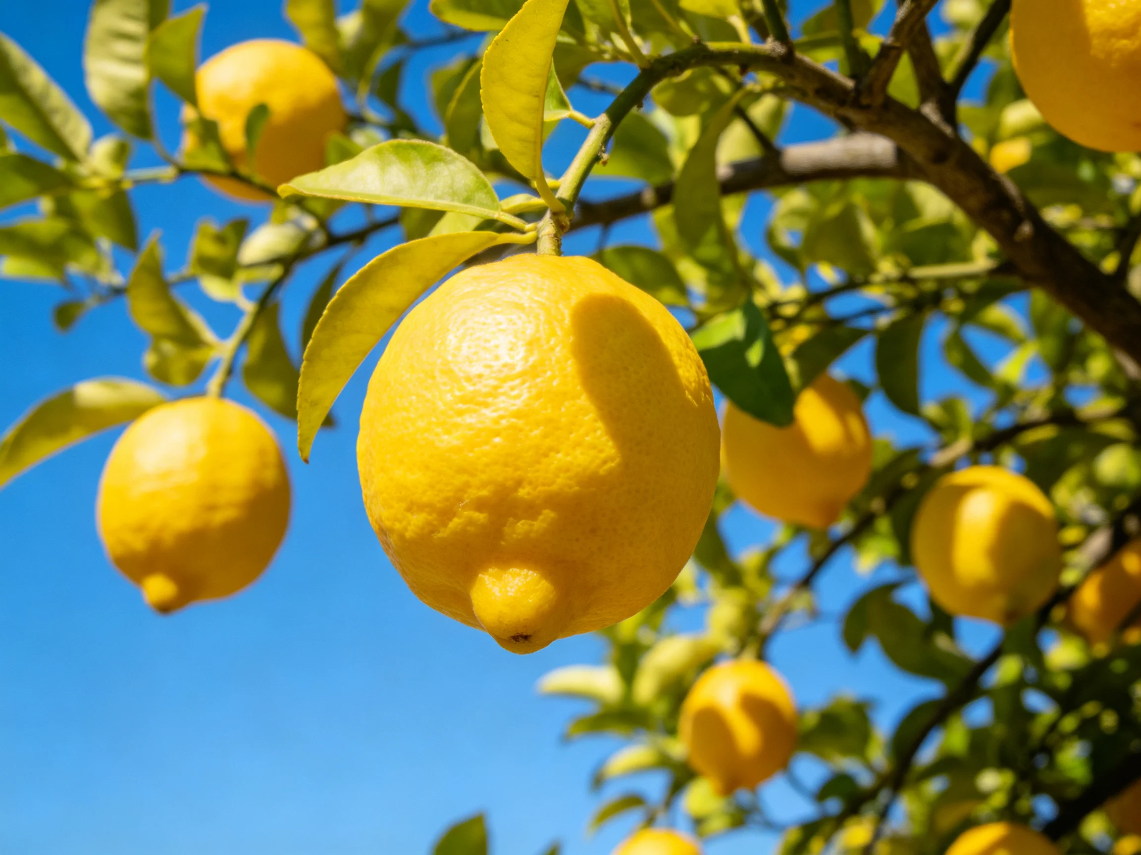 Bright yellow lemons abundant on a lush lemon tree against clear blue sky