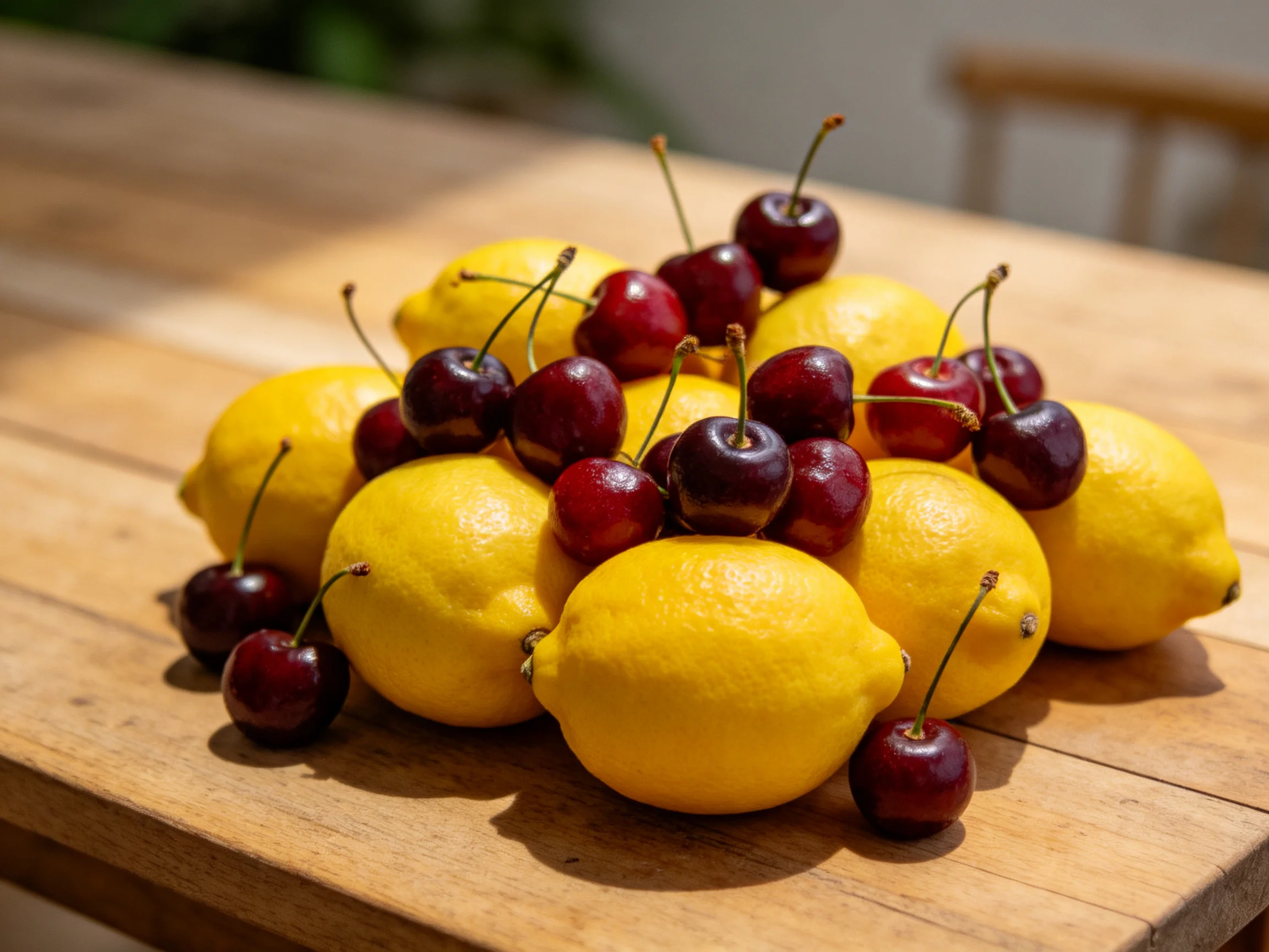 Bright yellow lemons and dark red cherries arranged on a wooden surface