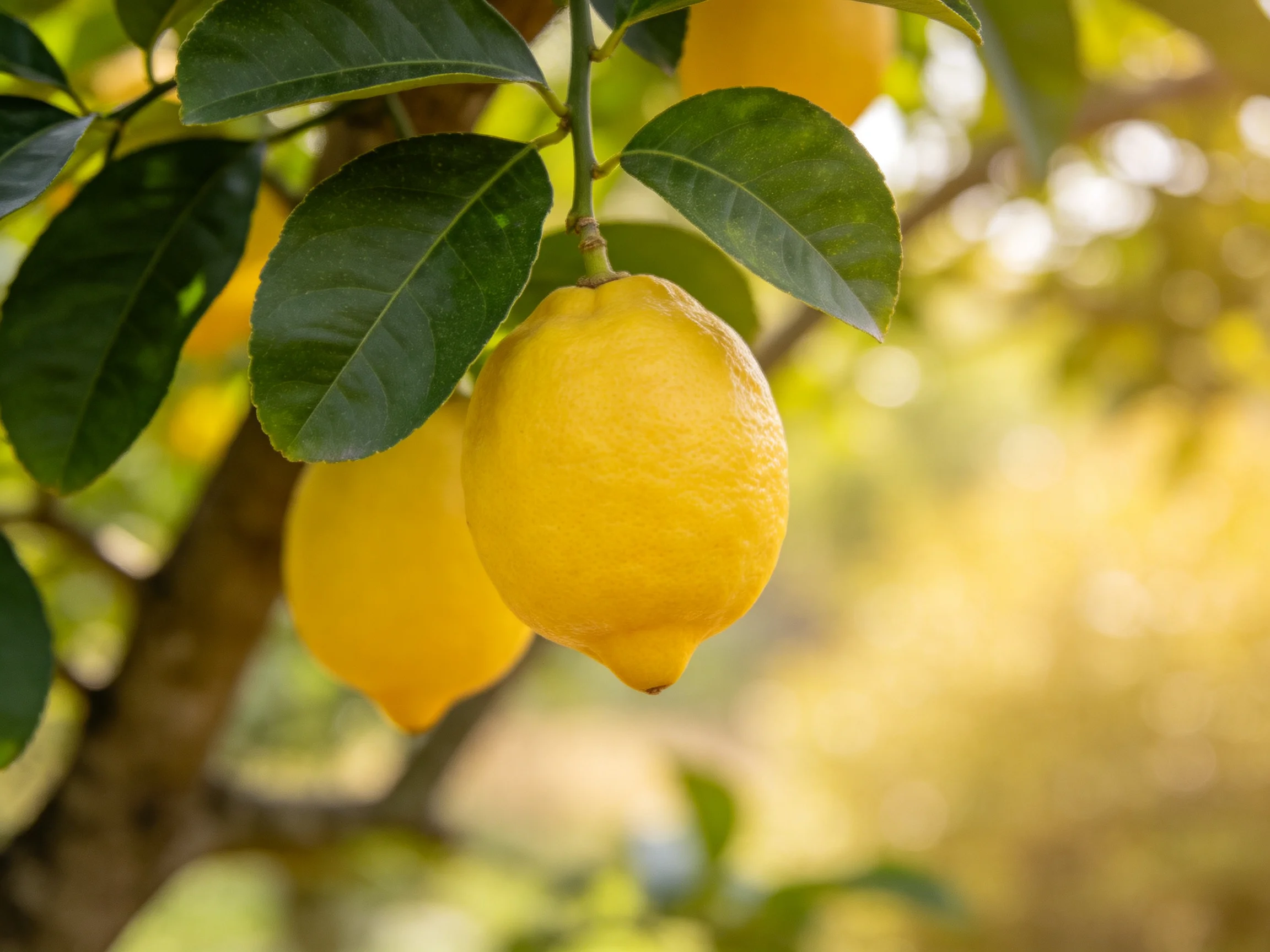Bright yellow lemons dangle from a leafy citrus tree amidst lush foliage.