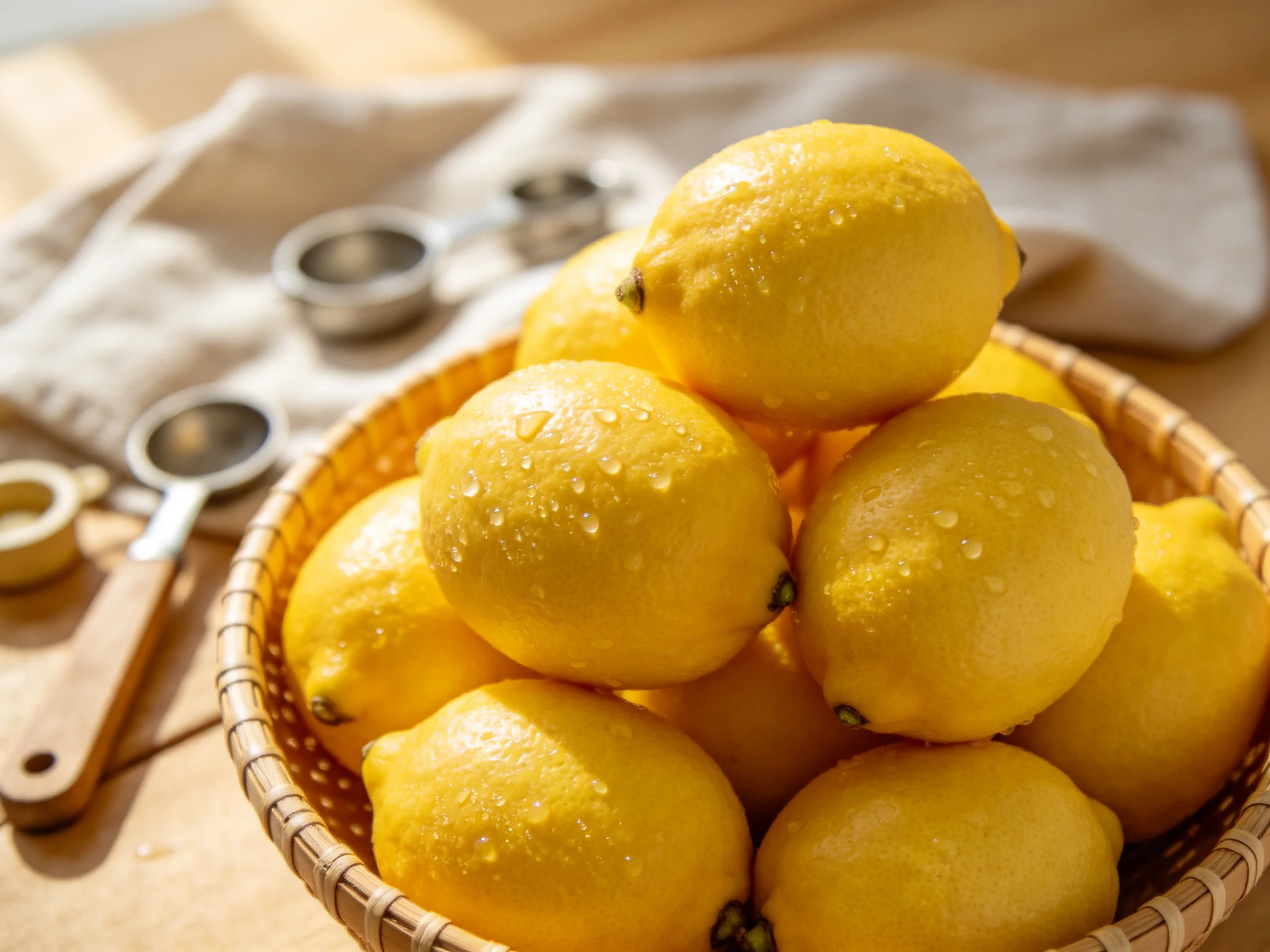 Bright yellow lemons stacked in a woven basket
