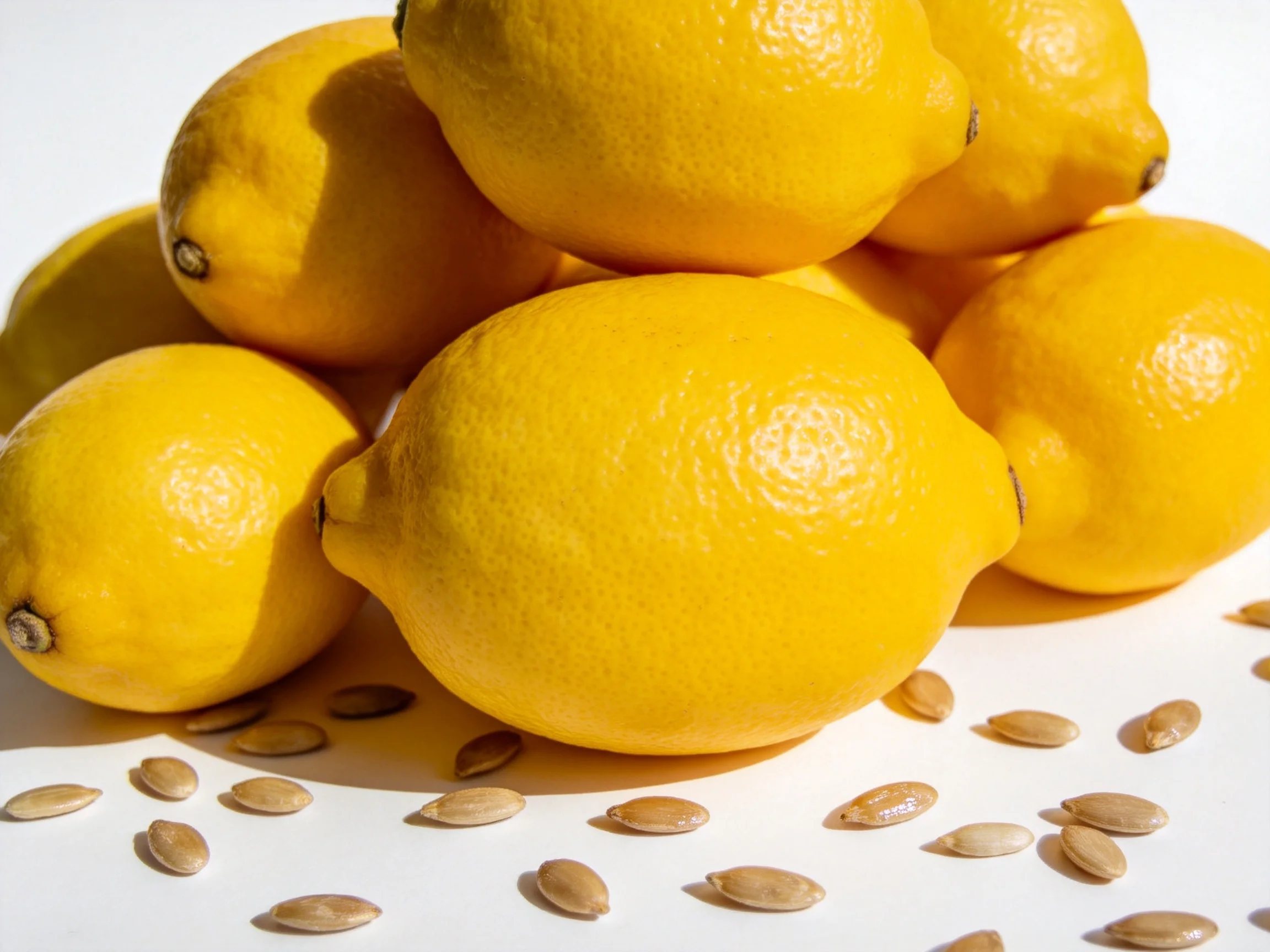 Bright yellow lemons stacked with scattered tan seeds
