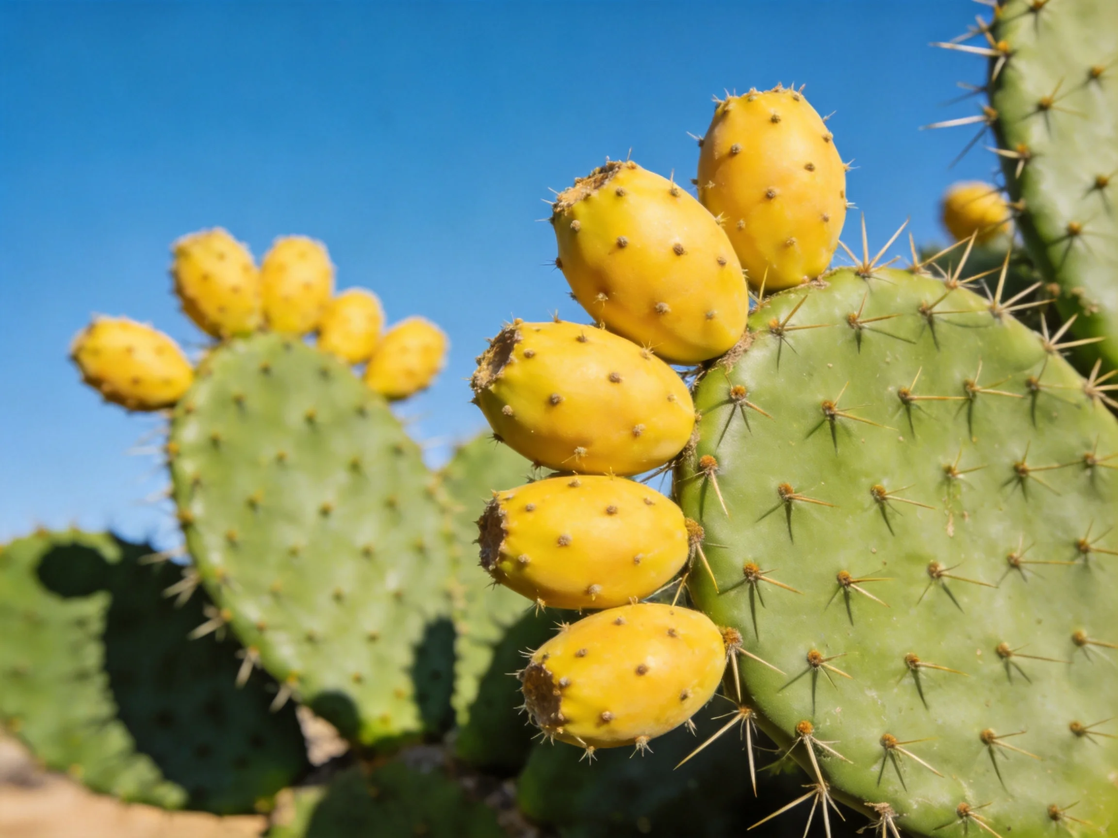 Bright yellow prickly pear fruits adorn large green cactus pads under clear blue sky