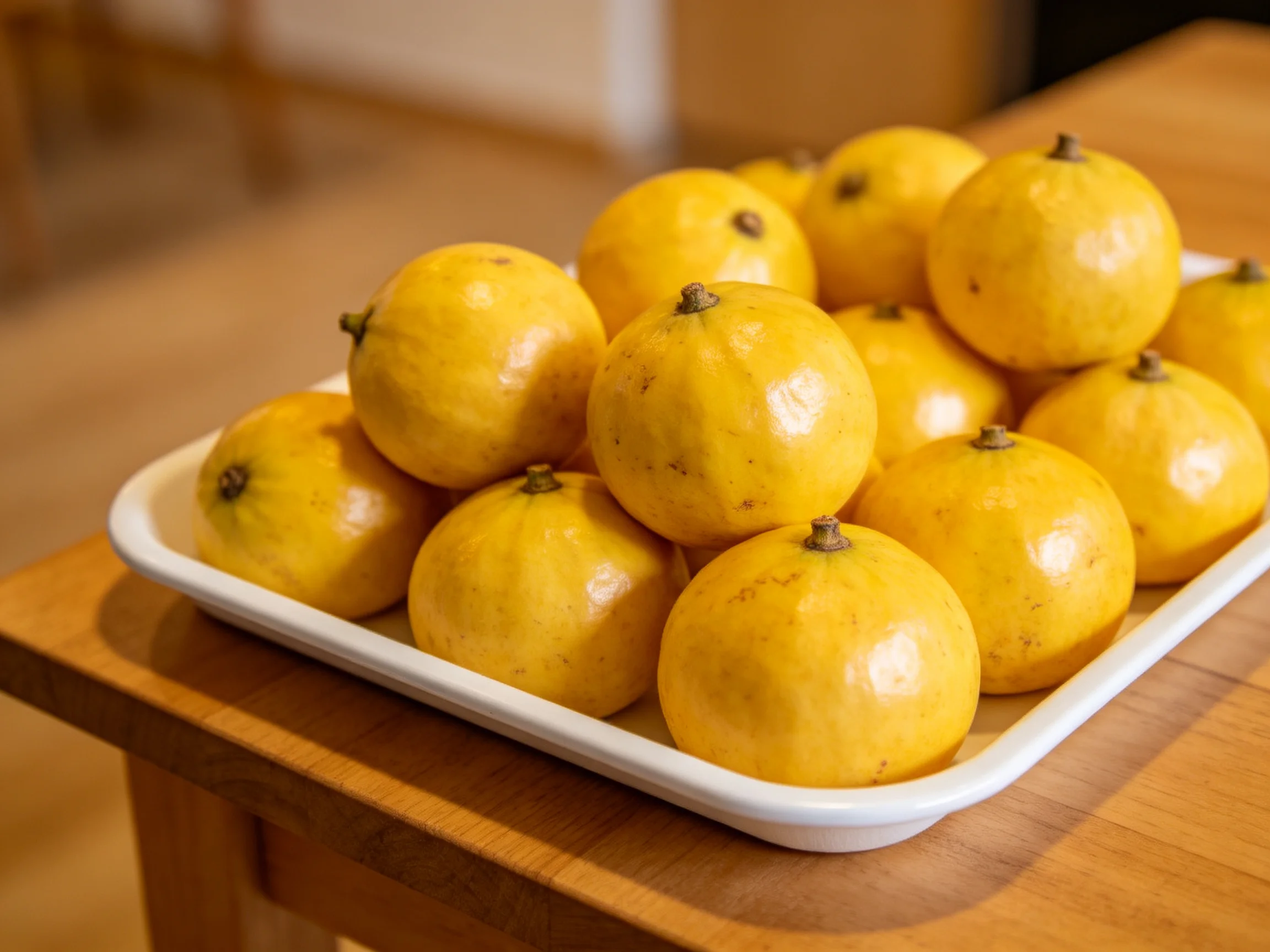 Bright yellow round fruits arranged in a white tray on a wooden table
