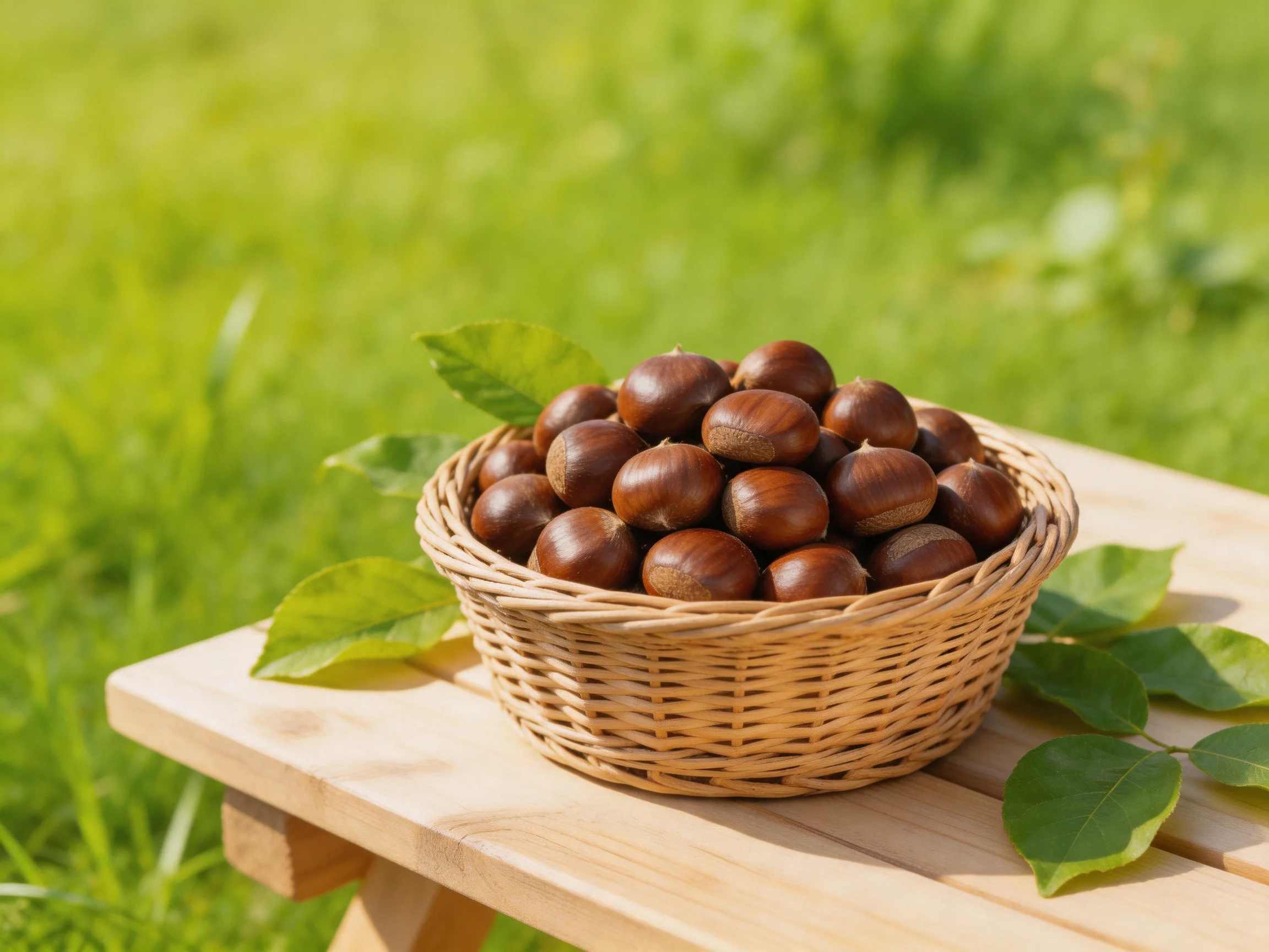 Brown chestnuts fill a wicker basket on a wooden table