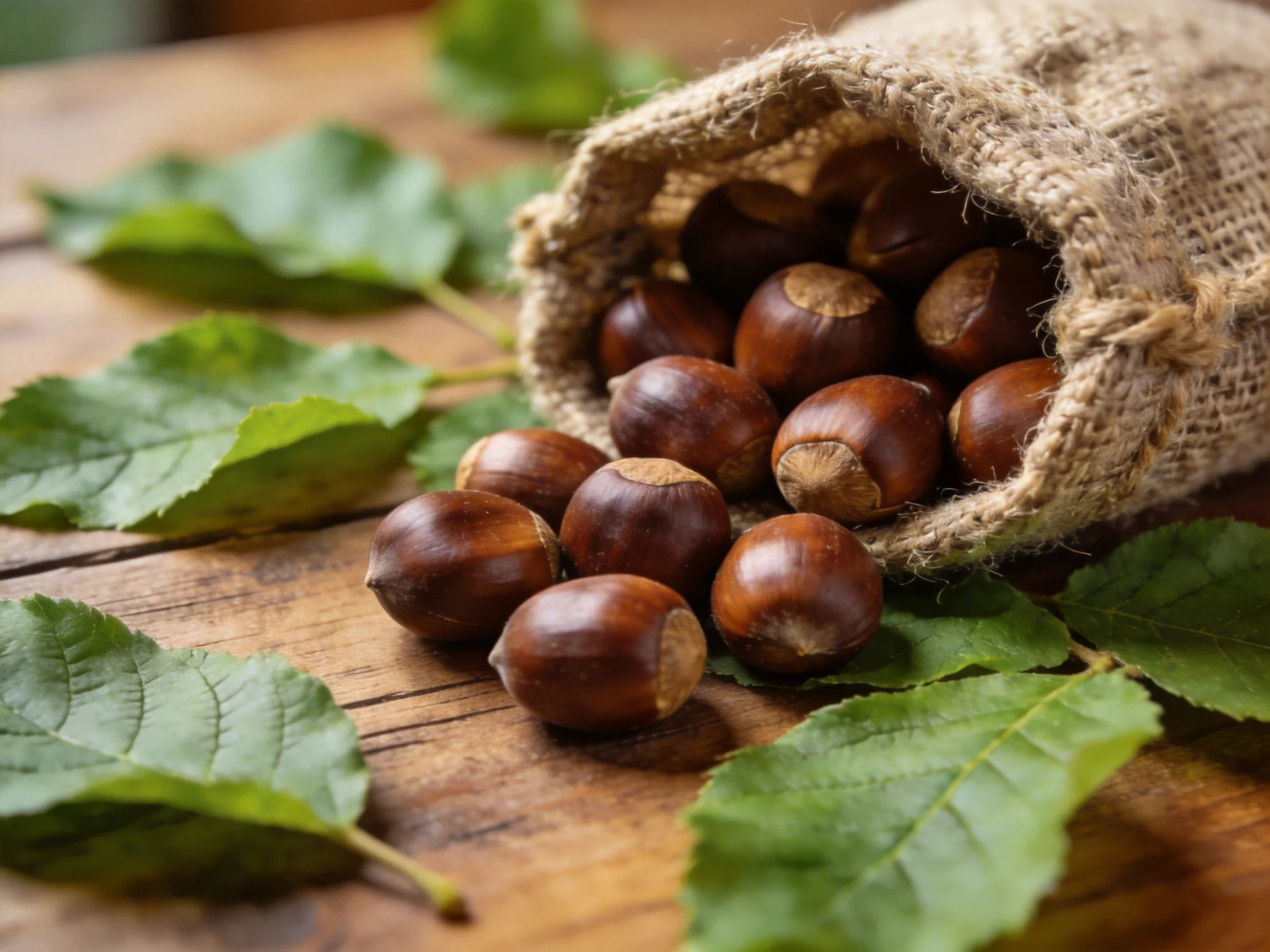 Brown chestnuts spill from a burlap sack onto a wooden table with green leaves