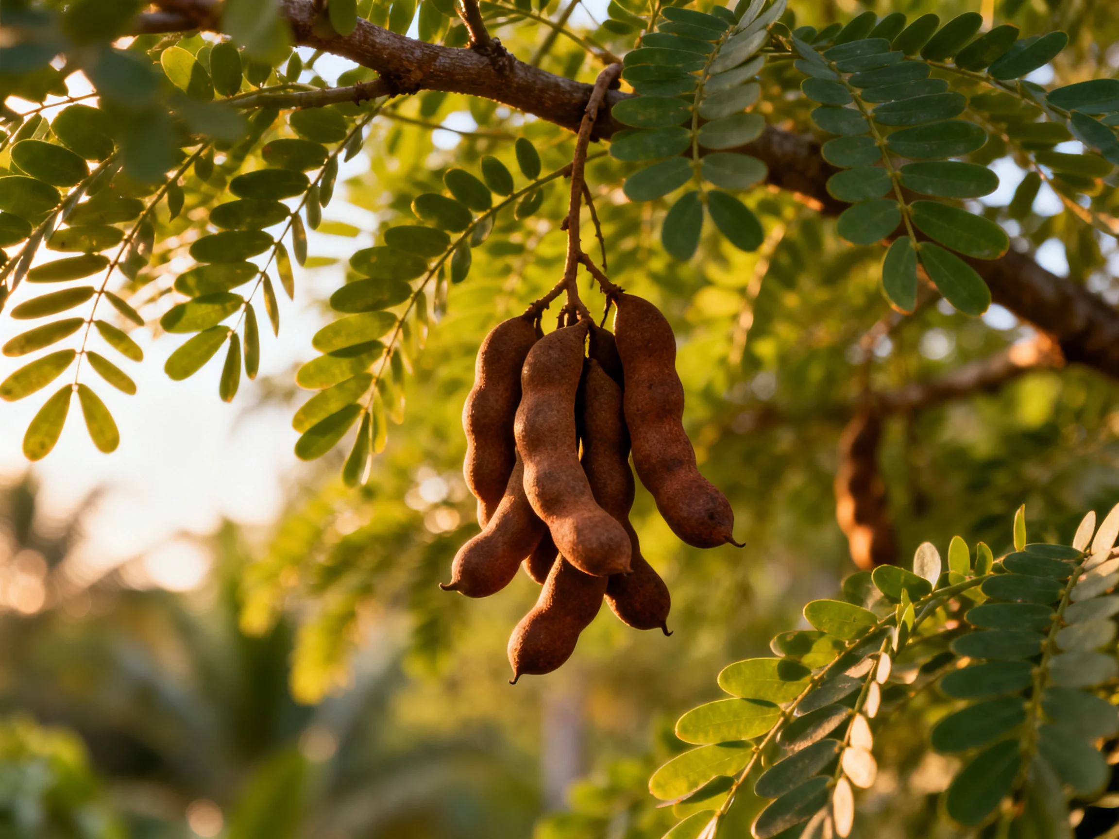 Brown tamarind pods hang from a tree branch with green foliage