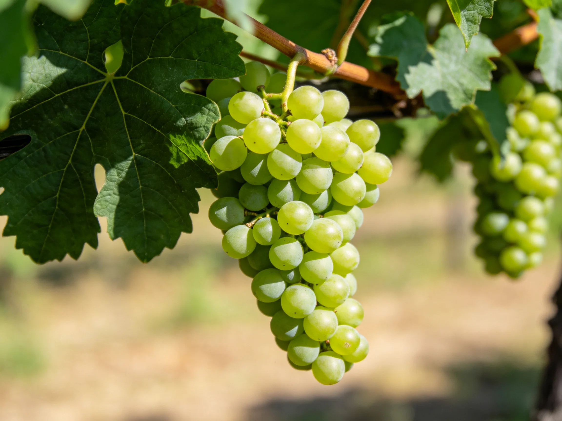 Bunch of fresh green grapes hanging from a vine with large leaves