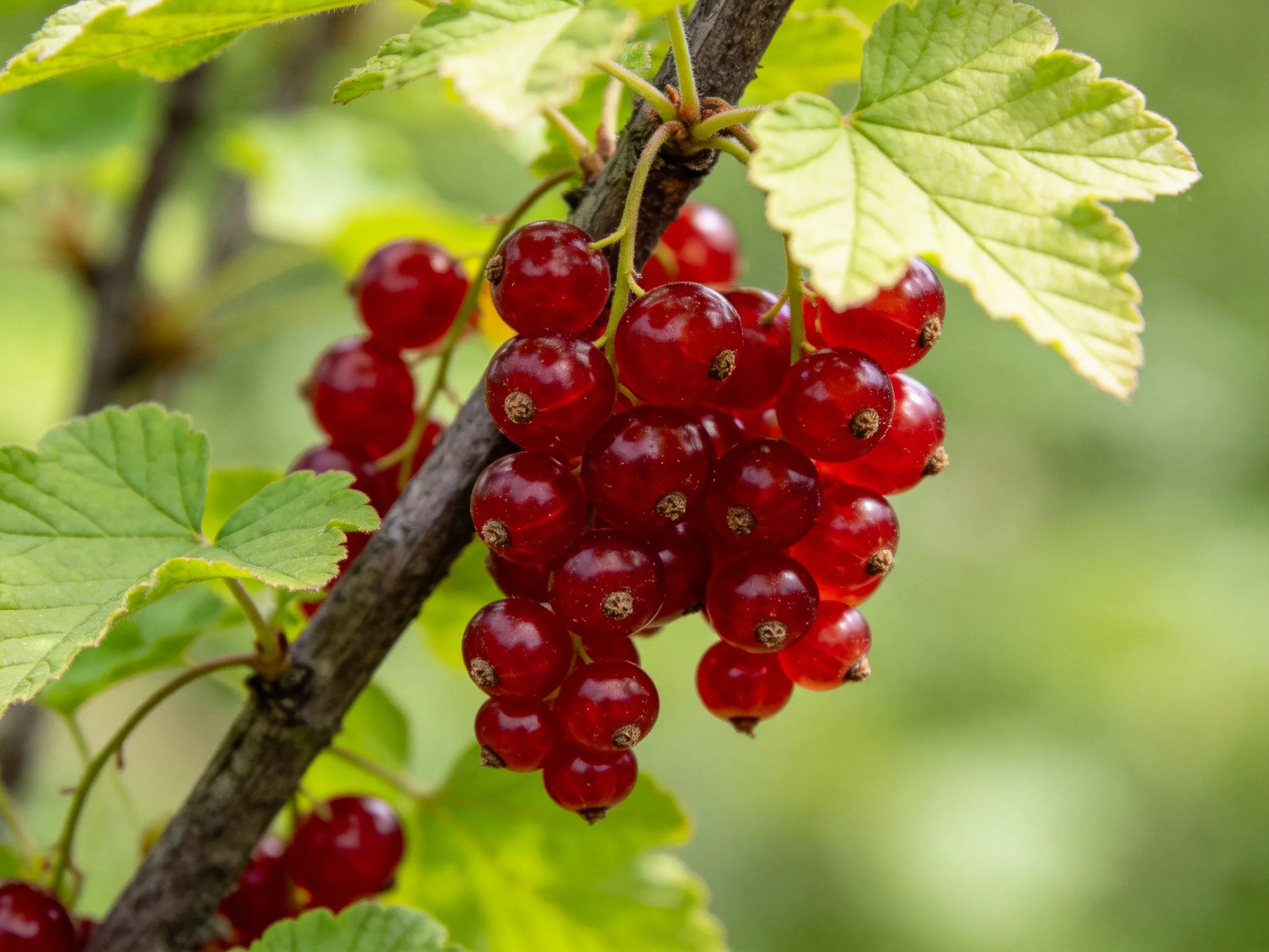 Bunches of glossy red currants cluster on a dark branch
