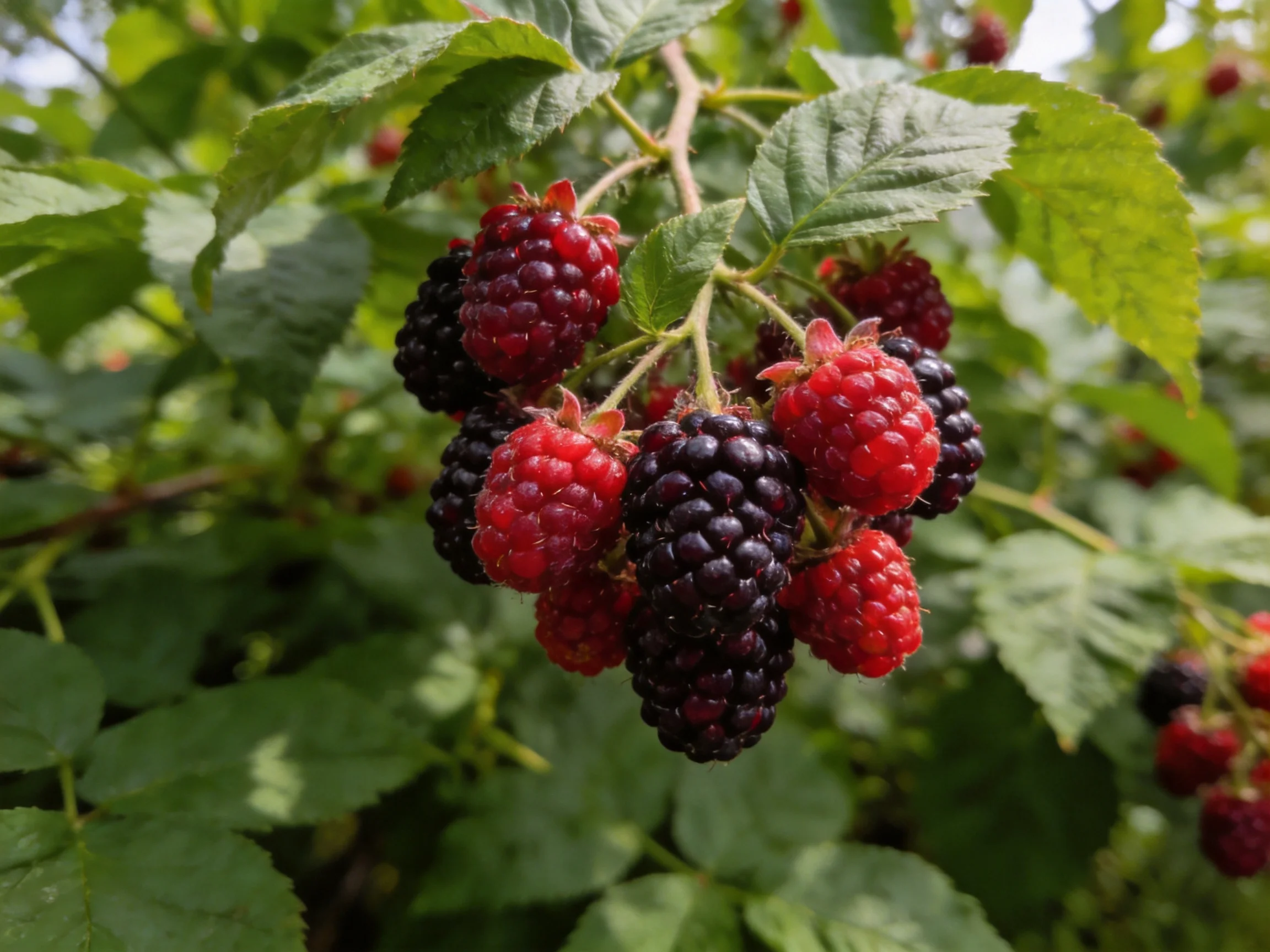 Bunches of red and dark purple berries hang from a leafy bush
