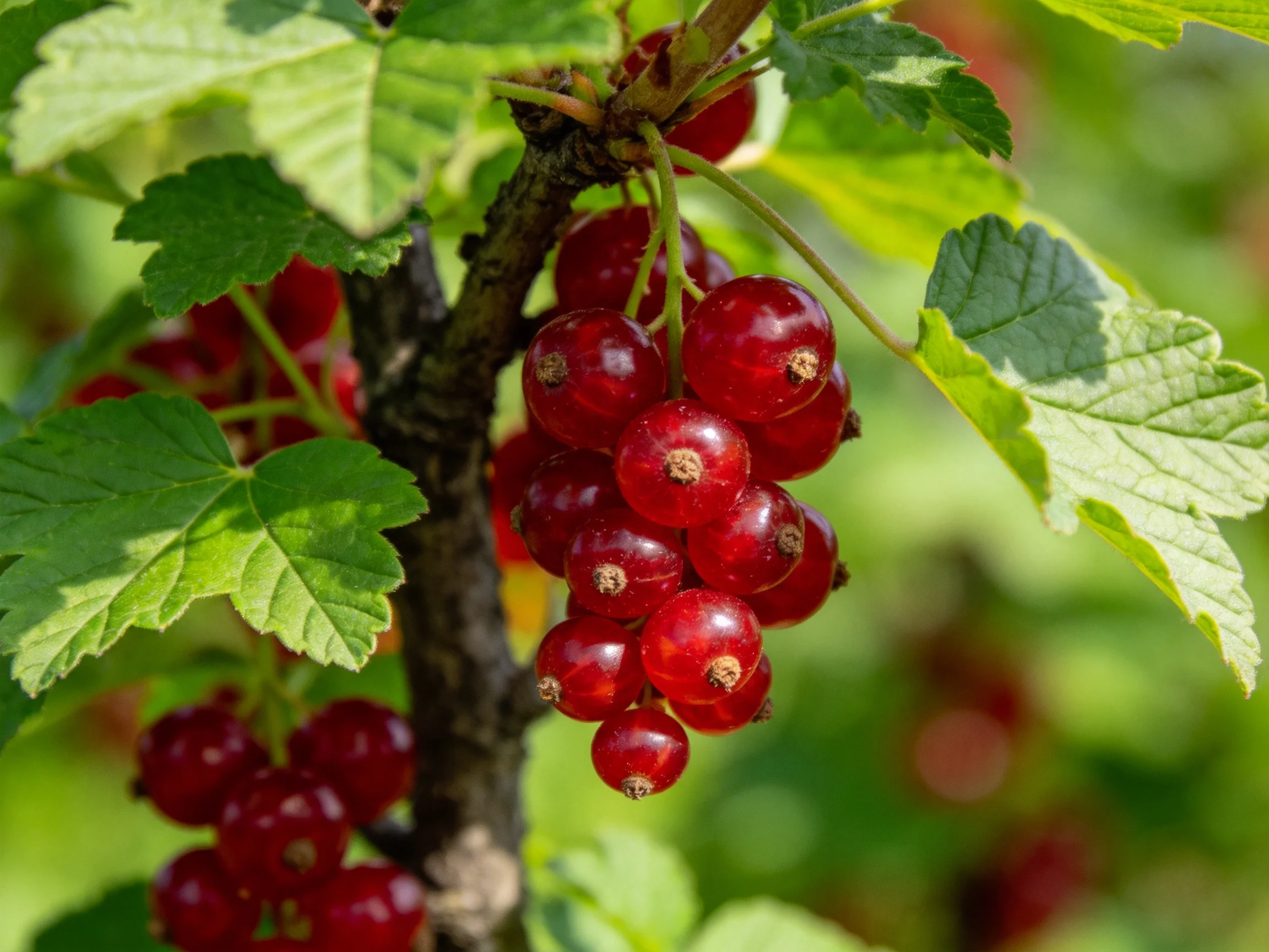 Bunches of vibrant red currants hang from a bush with lush green leaves