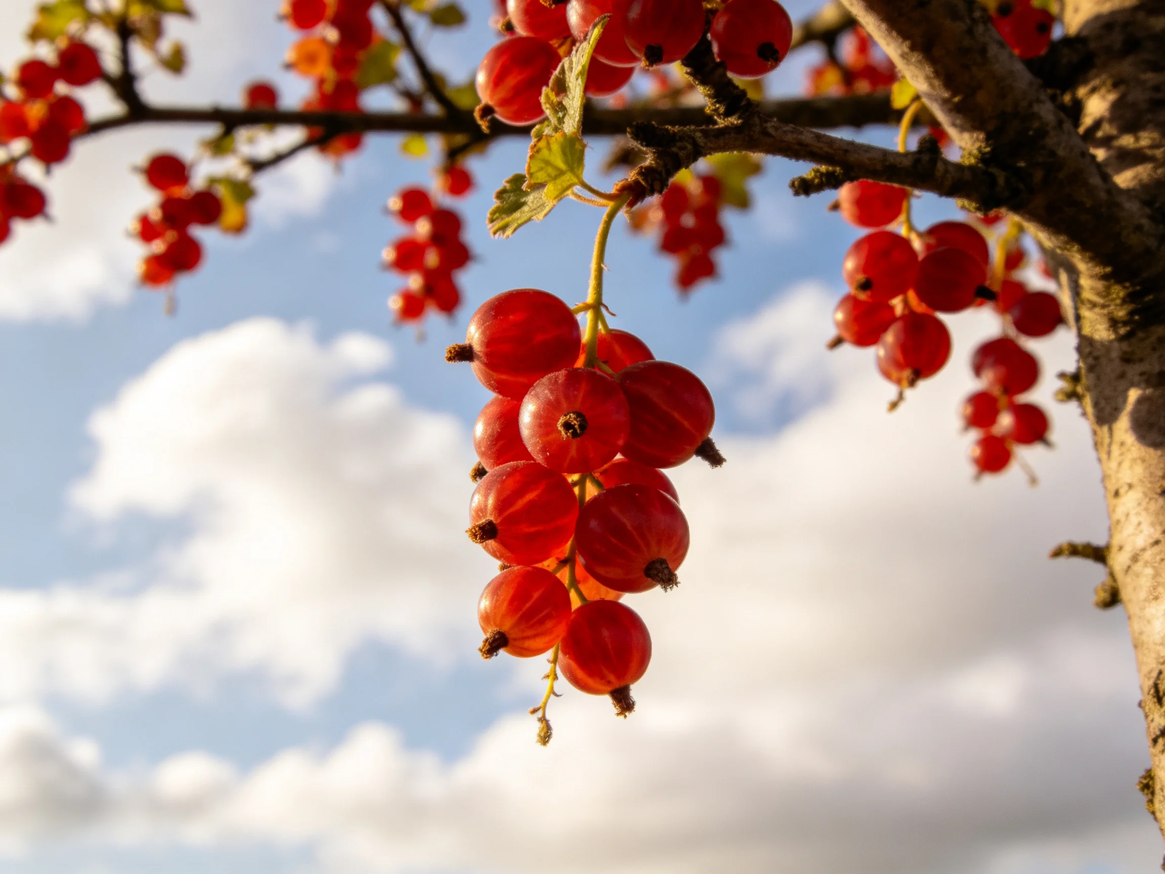 Bunches of vibrant red currants hang from a tree branch against a bright blue sky