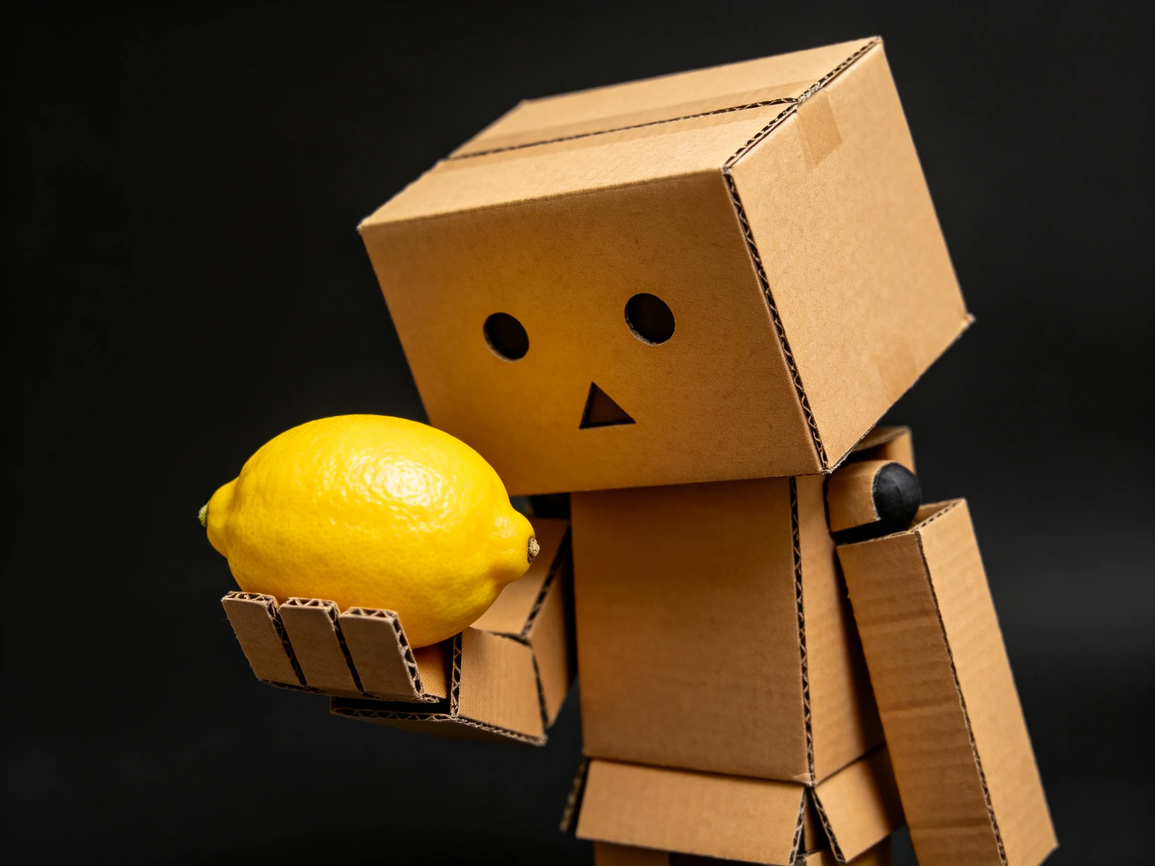 Cardboard robot holding a bright yellow lemon against a black background