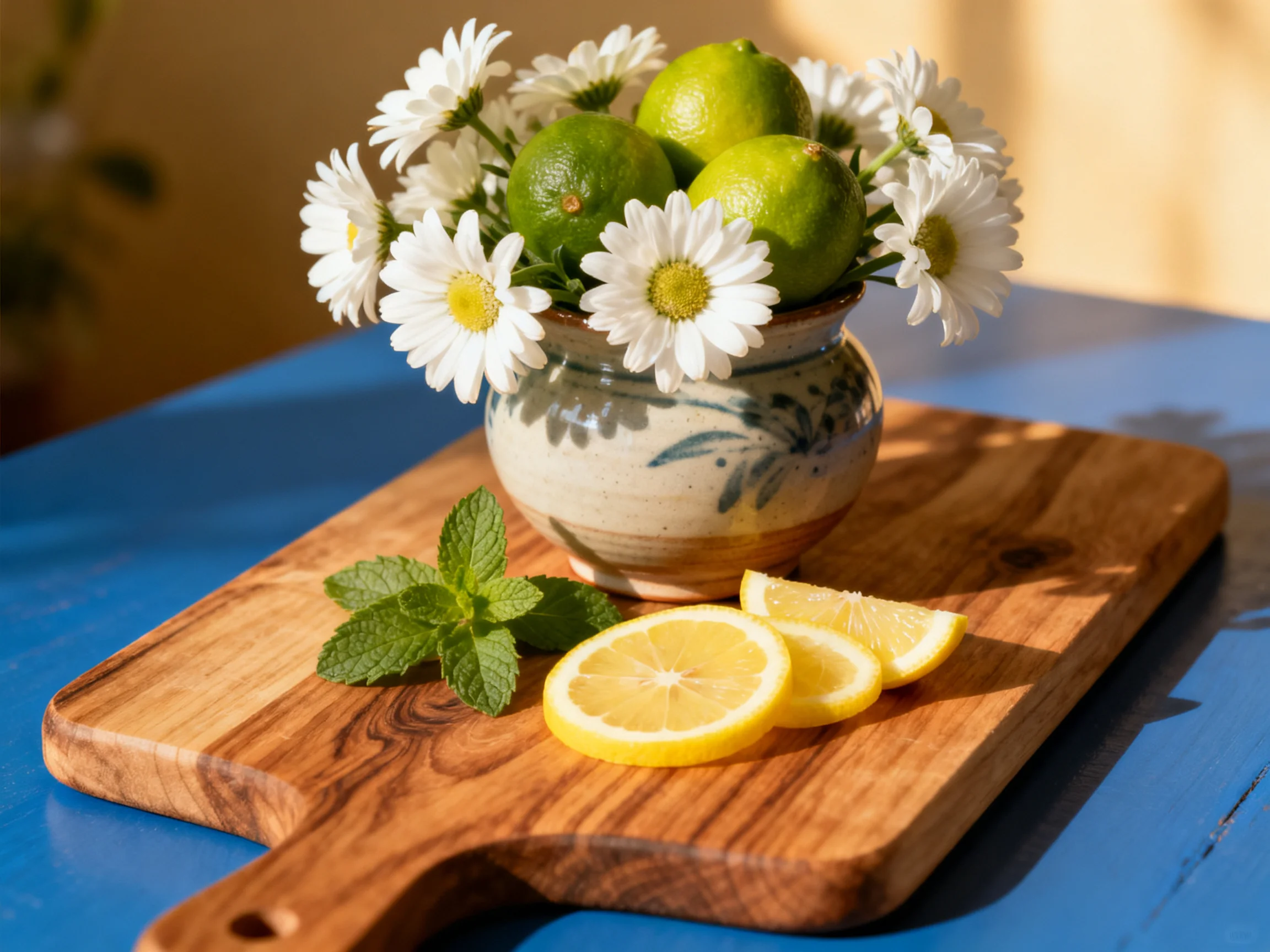 Ceramic vase with limes, daisies, lemon slices, and mint on wooden board over blue table