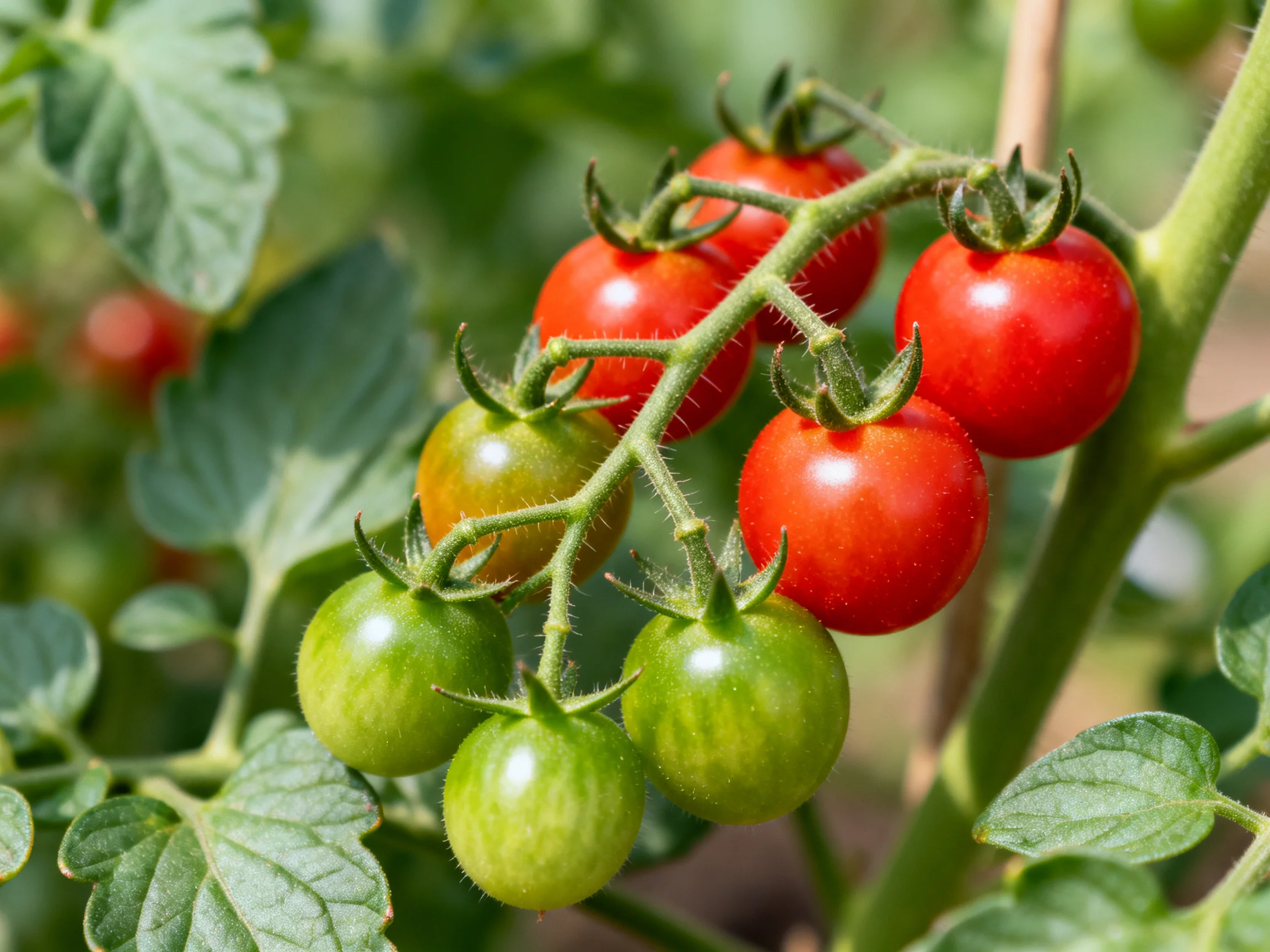 Cherry tomatoes in red and green stages on a vine